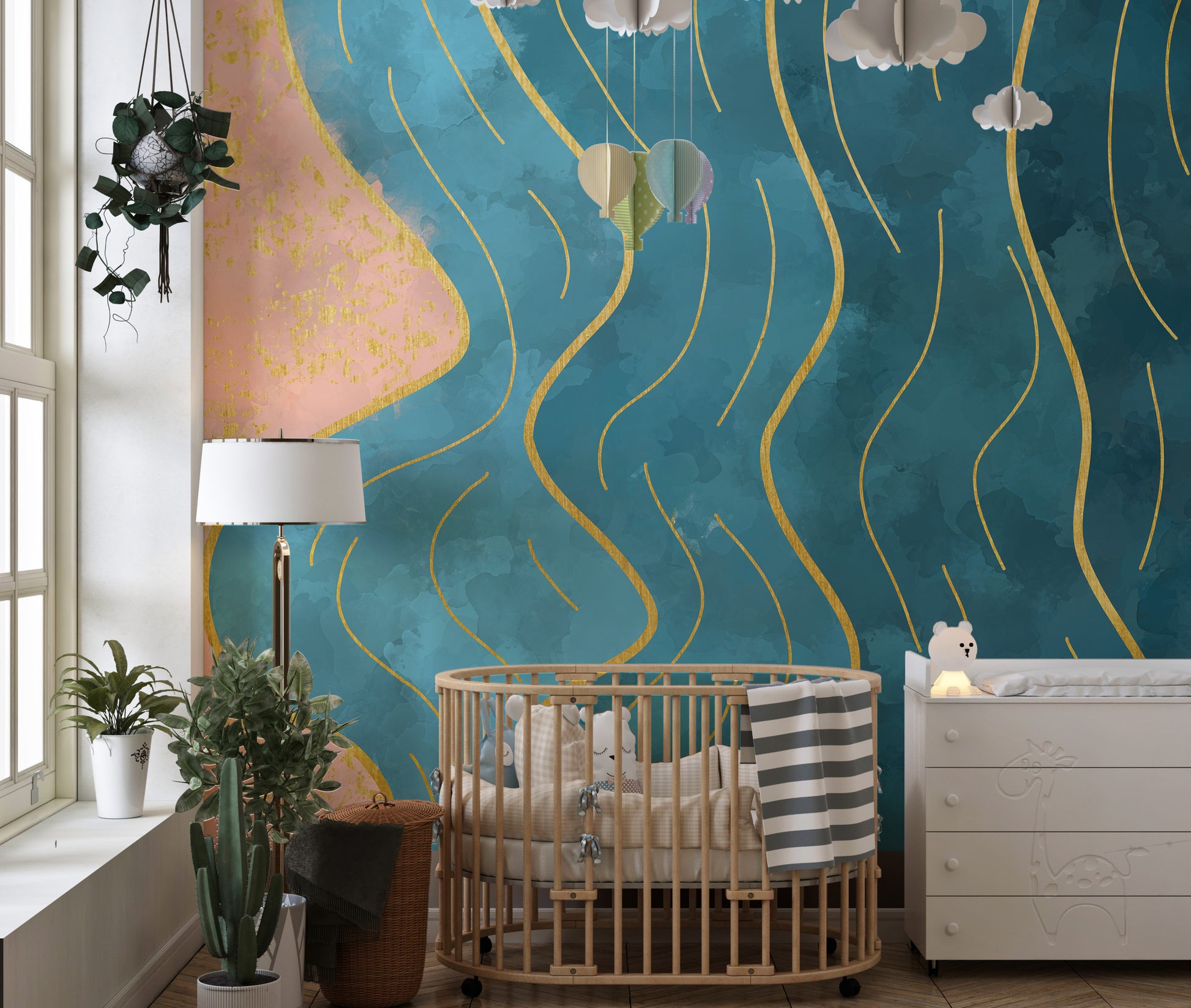 Fluid abstract waves in a watercolor wallpaper mural.
