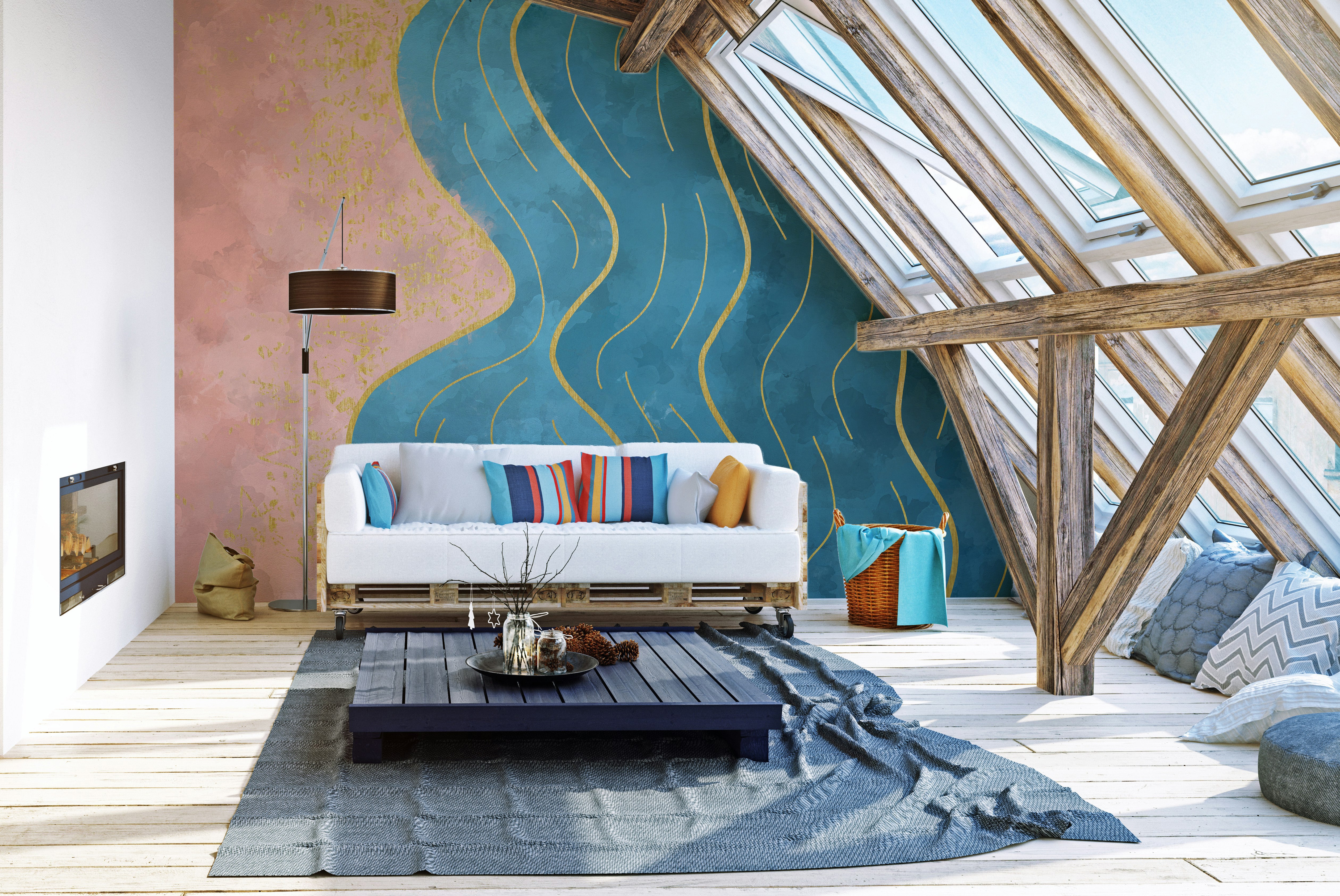 Artistic watercolor wave mural for serene interiors.
