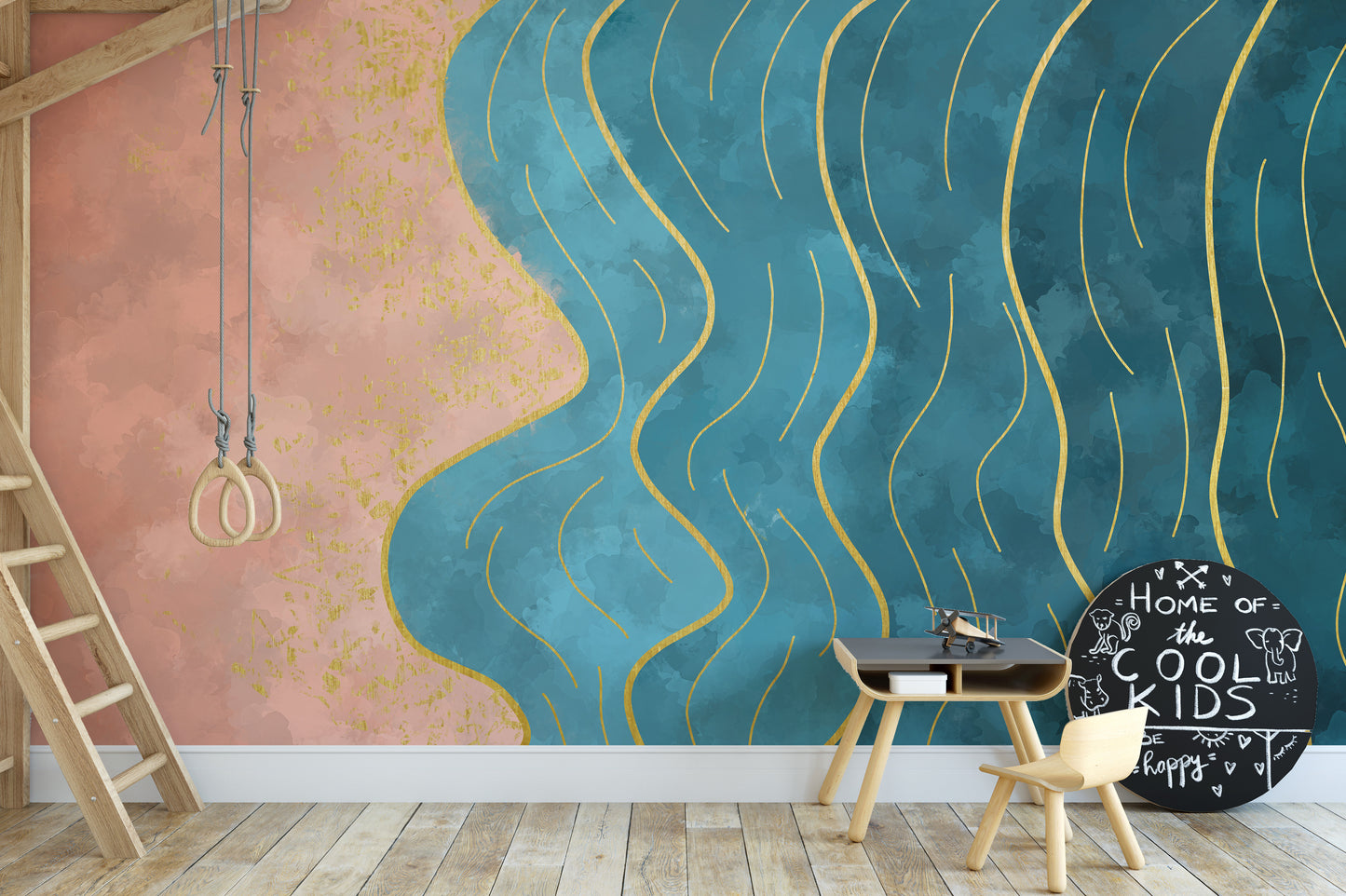 Watercolor wave mural in soothing abstract design.
