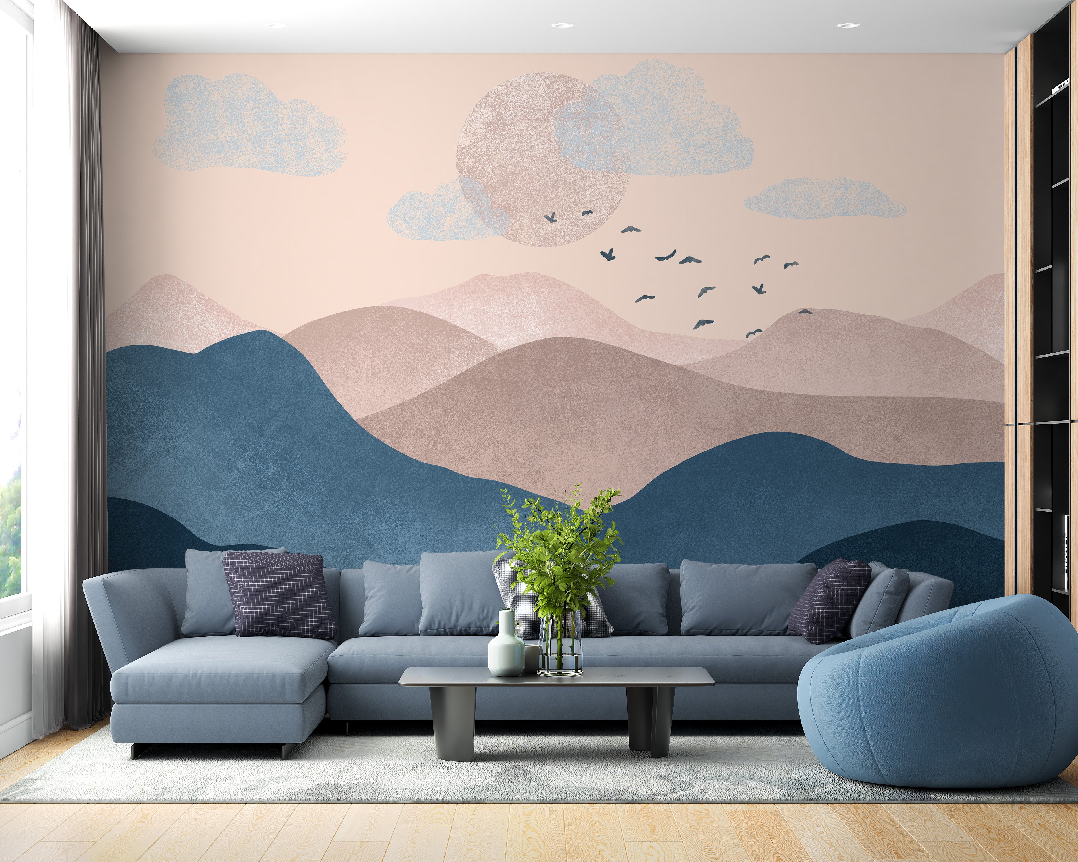 Soft pastel mountain mural for serene and calming walls.
