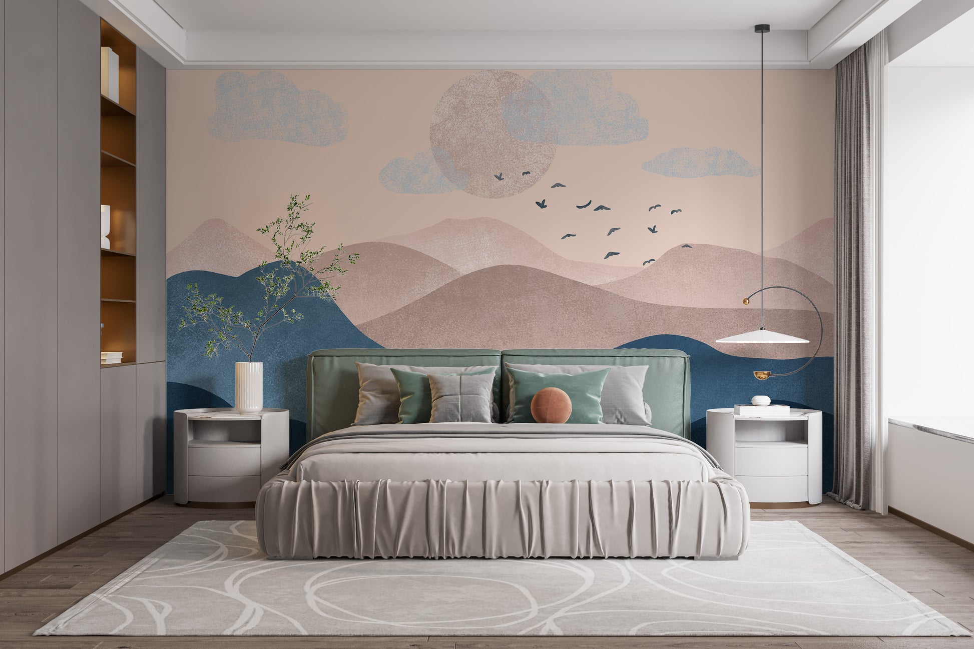 Dreamy pastel mountain shades mural for cozy walls.