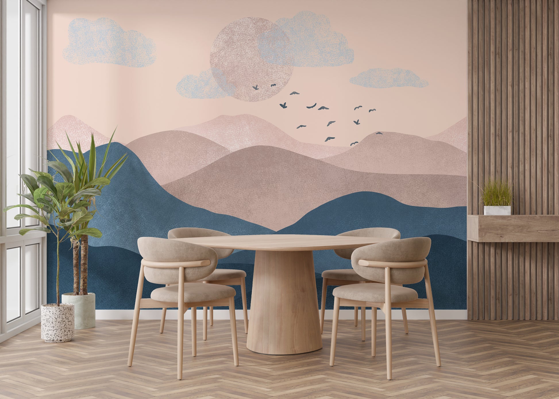 Pastel-colored mountain mural for tranquil interiors.
