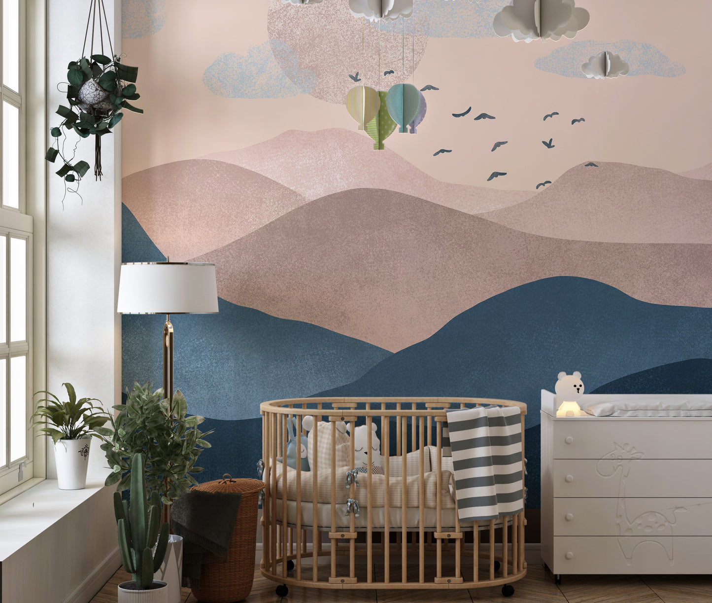 Mountain-inspired mural with dreamy pastel shades.
