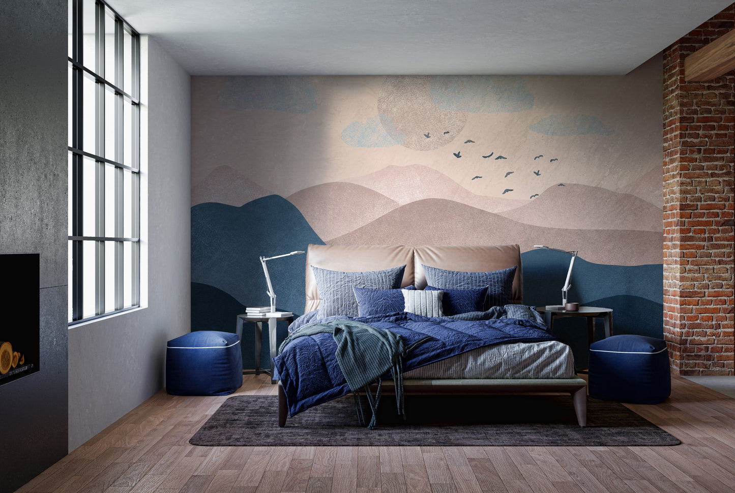 Gentle pastel mountain shades mural for peaceful spaces.
