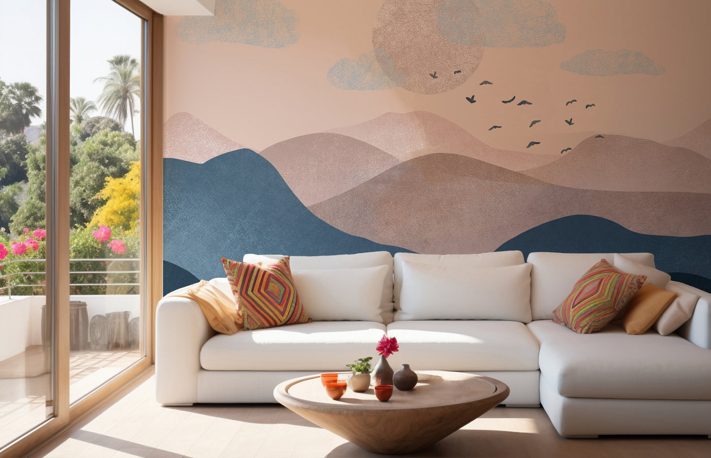 Tranquil mountain scene mural in soft pastel colors.
