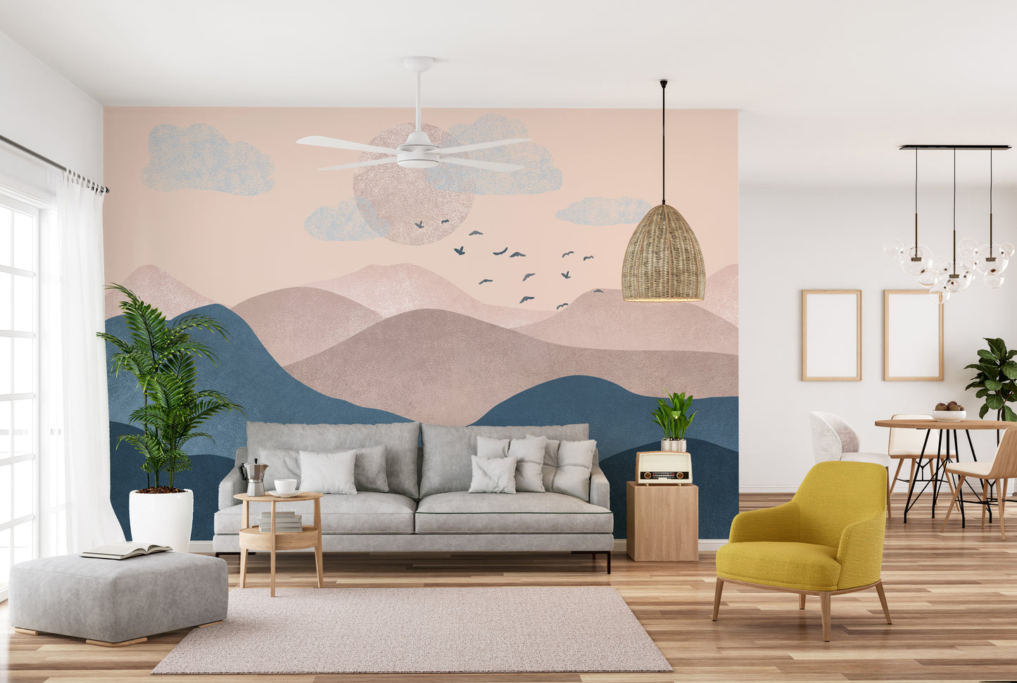 Serene pastel mountain wall mural for modern decor.
