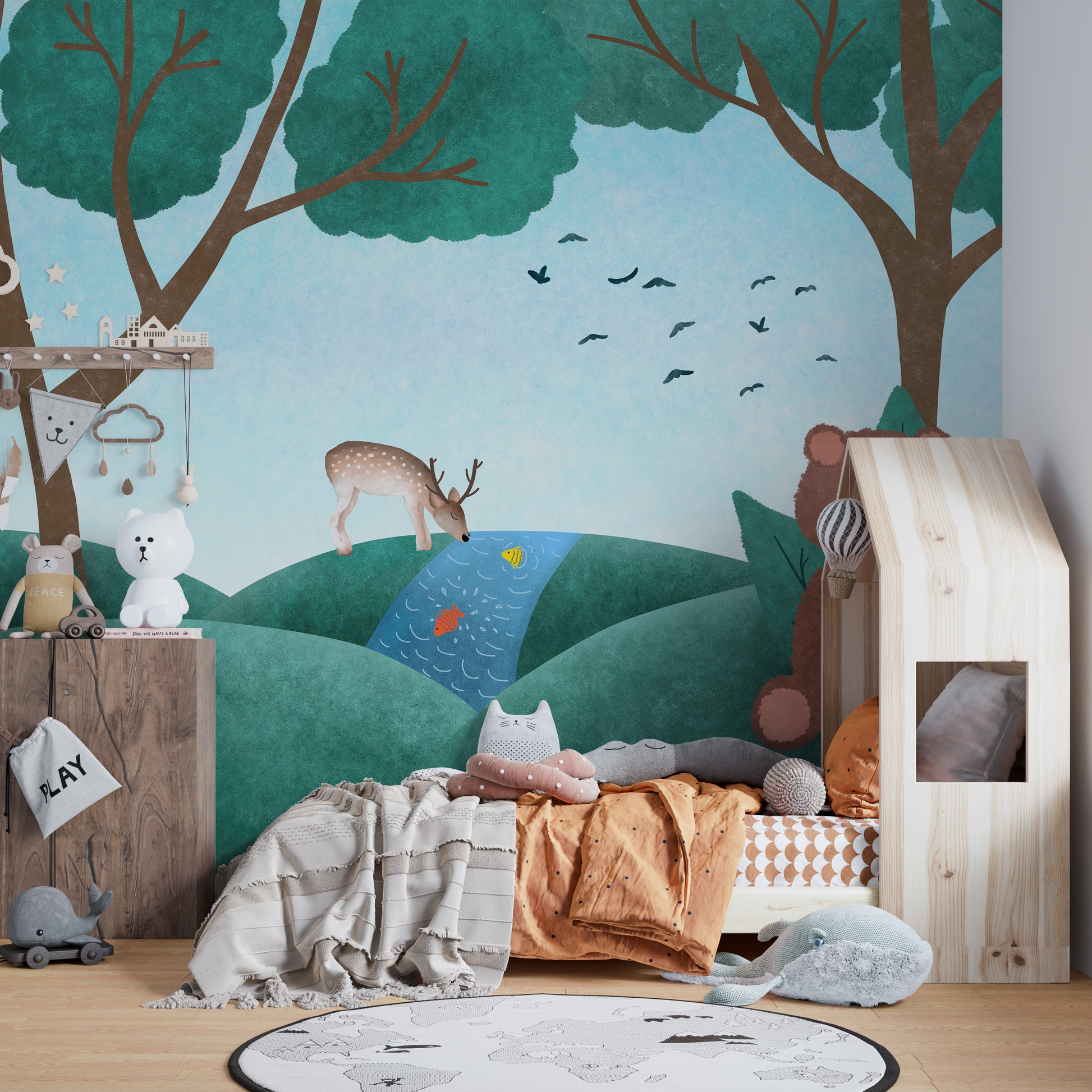 Enchanted forest fauna wallpaper for kids' magical spaces.