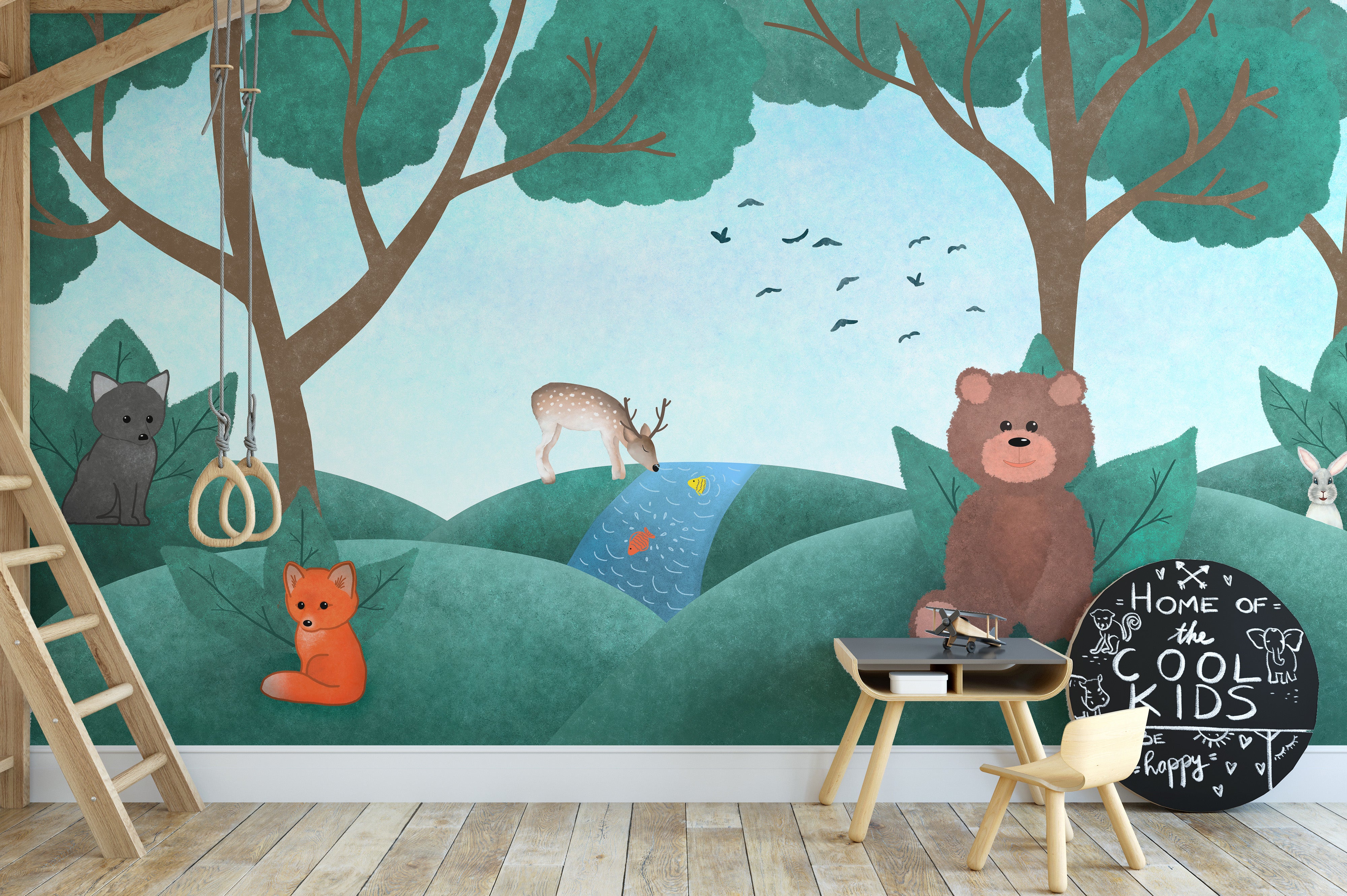 Fairyland-inspired wallpaper with charming fauna for kids.
