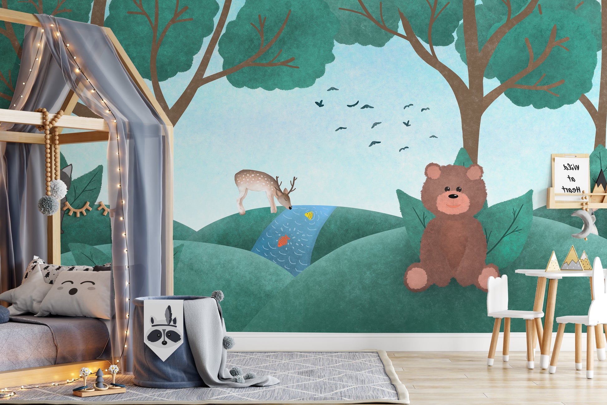 Magical kids' wallpaper with fairyland animals and scenery.
