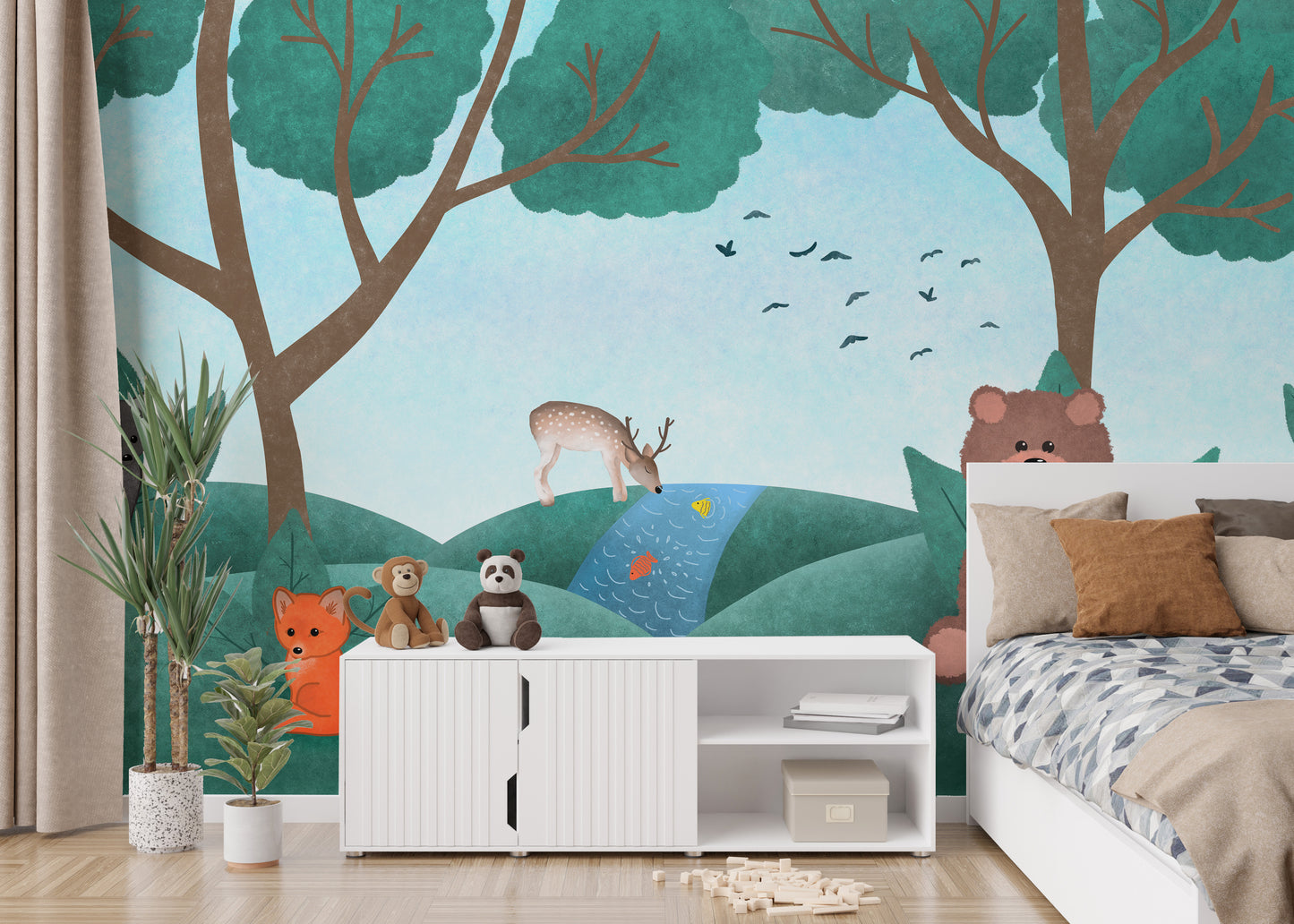 Enchanting fairyland fauna design for kids' room walls.
