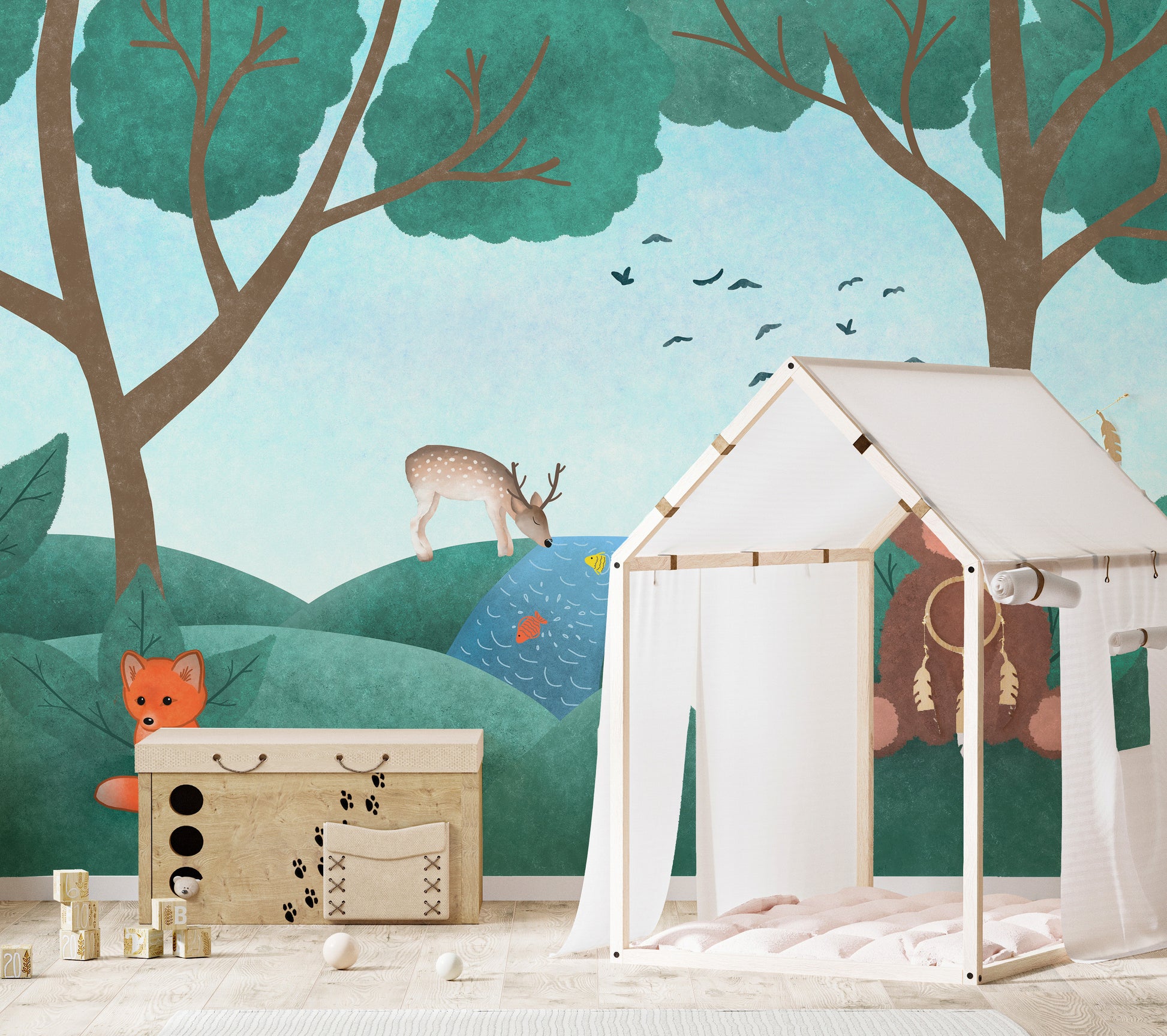 Kids' wallpaper with adorable fairyland animals and nature.
