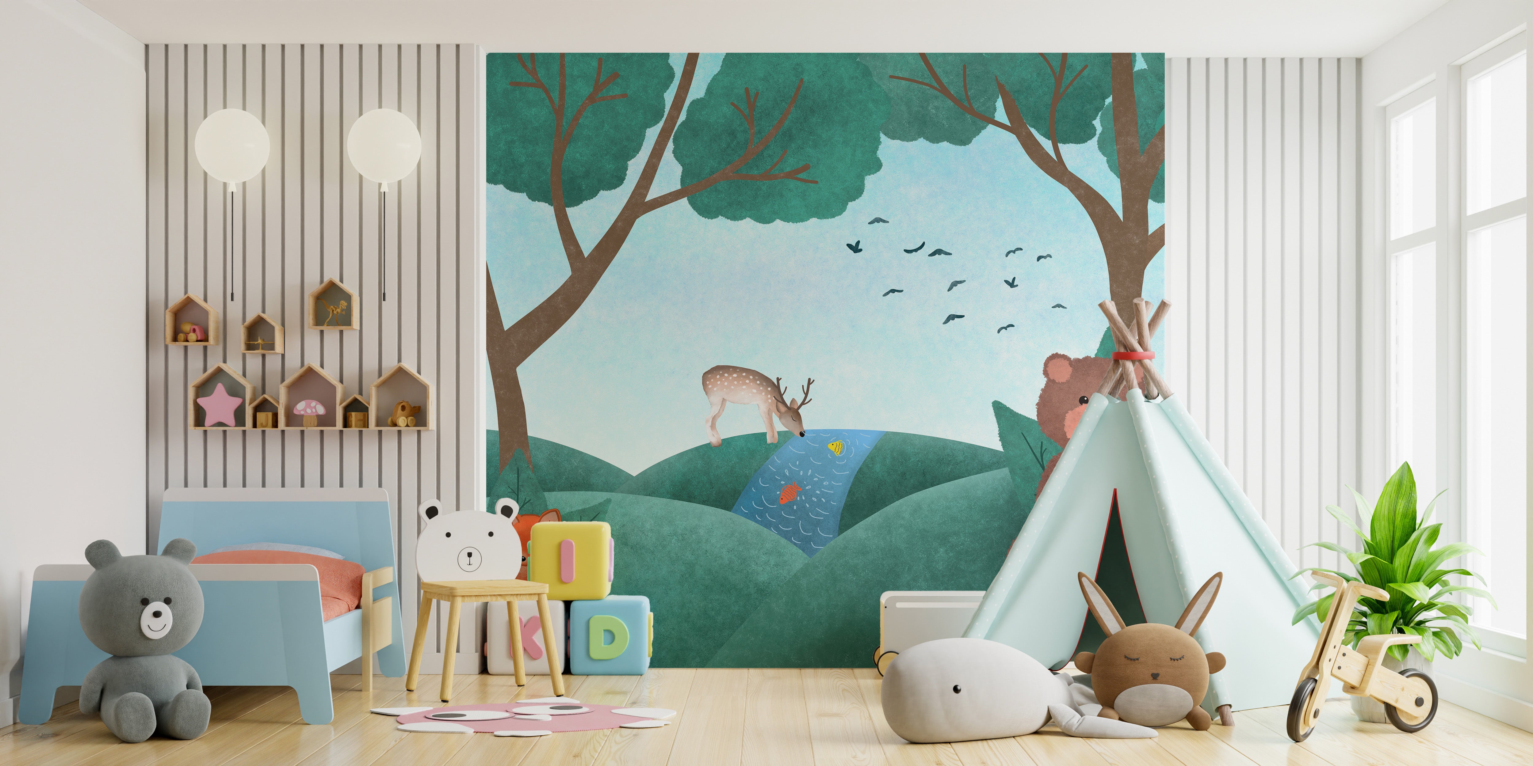 Whimsical fairyland fauna wallpaper for magical kids' rooms.
