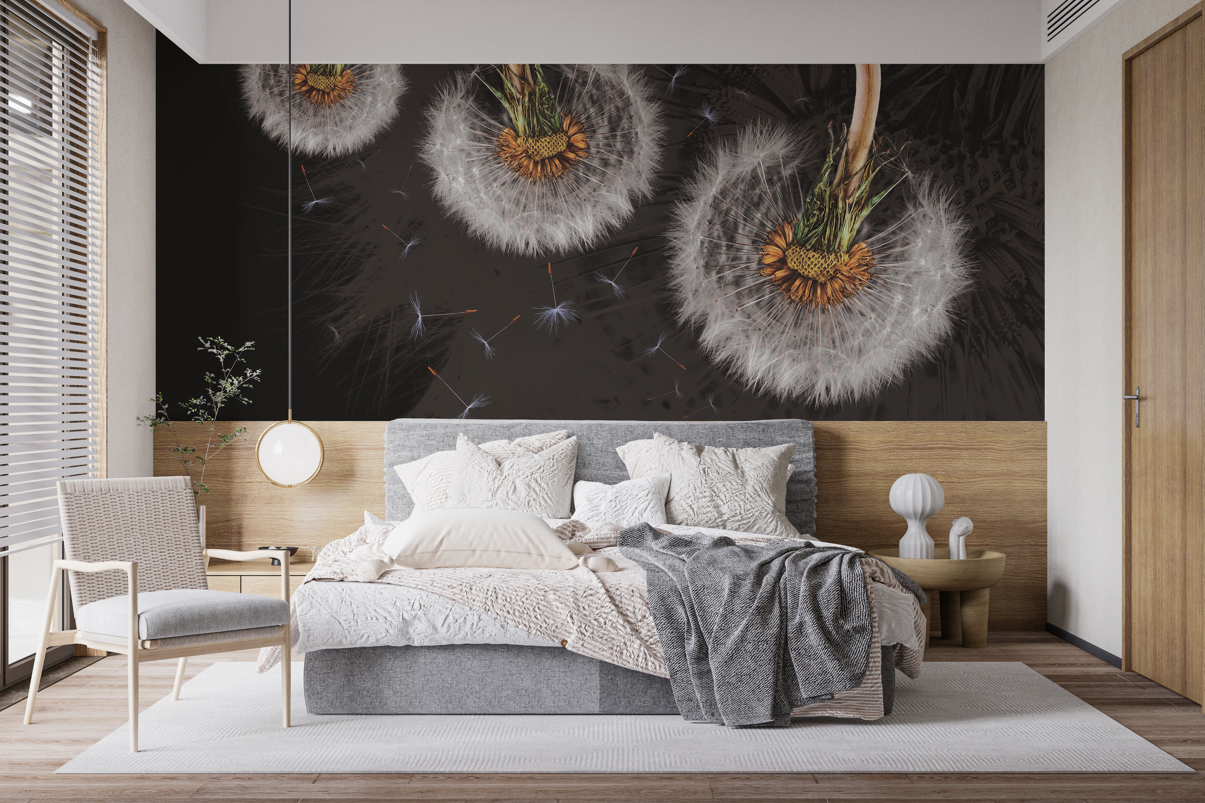 Floating dandelion blooms mural for elegant wall decor.
