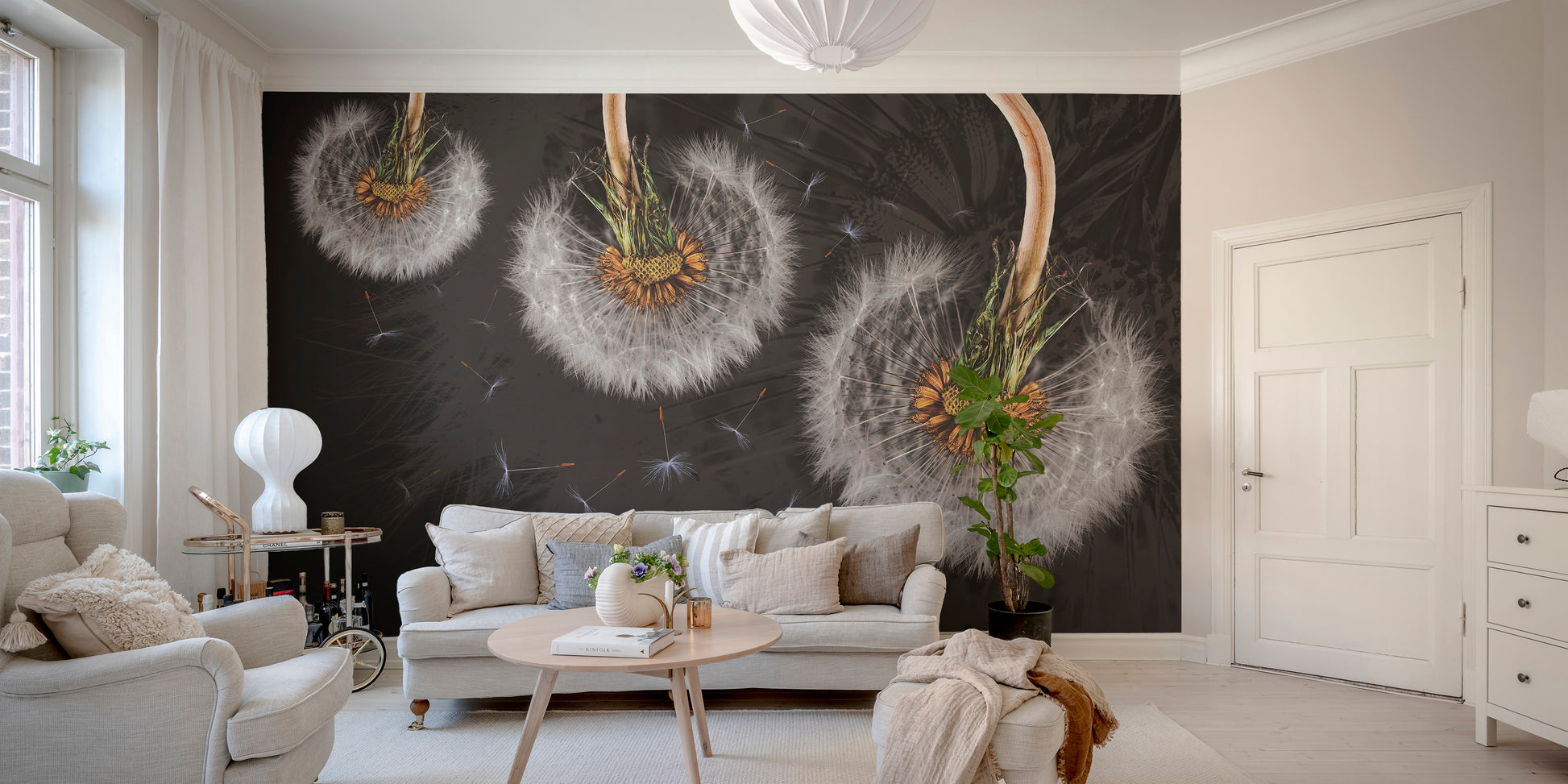 Airborne dandelion mural for calming and stylish walls.
