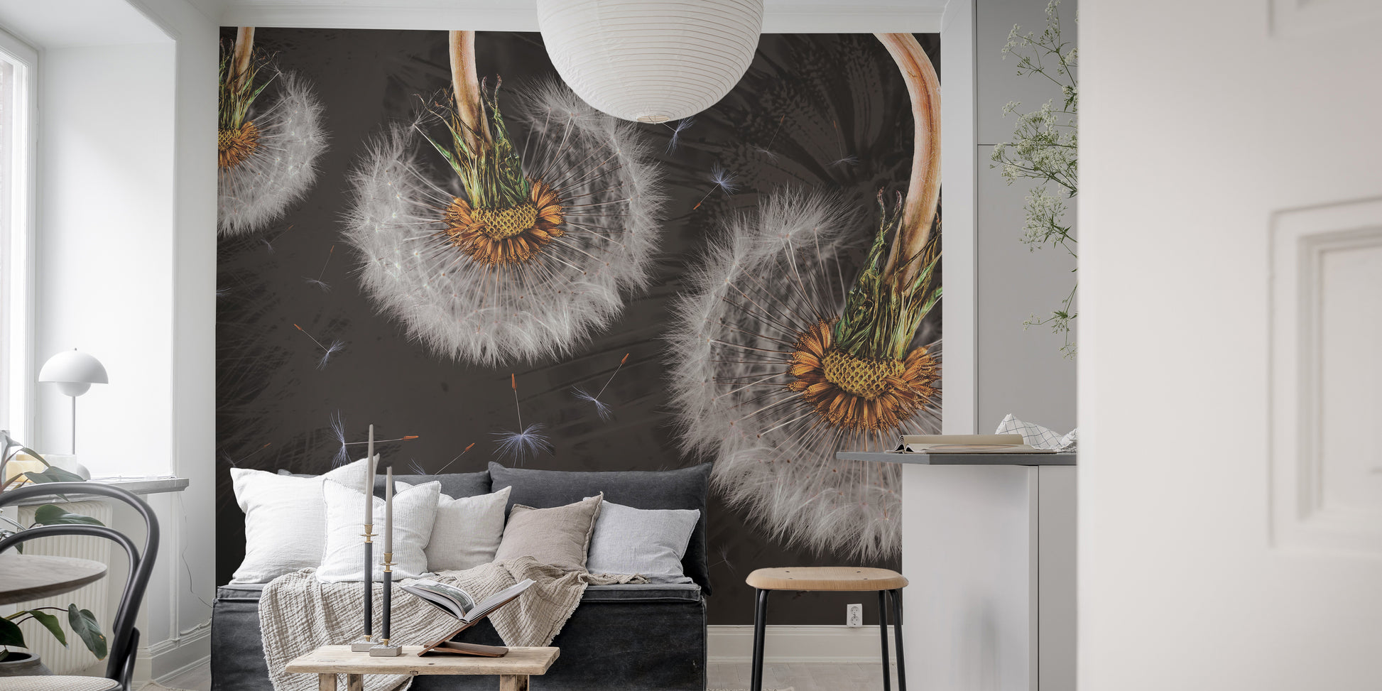 Serene dandelion blooms mural with airborne elegance.
