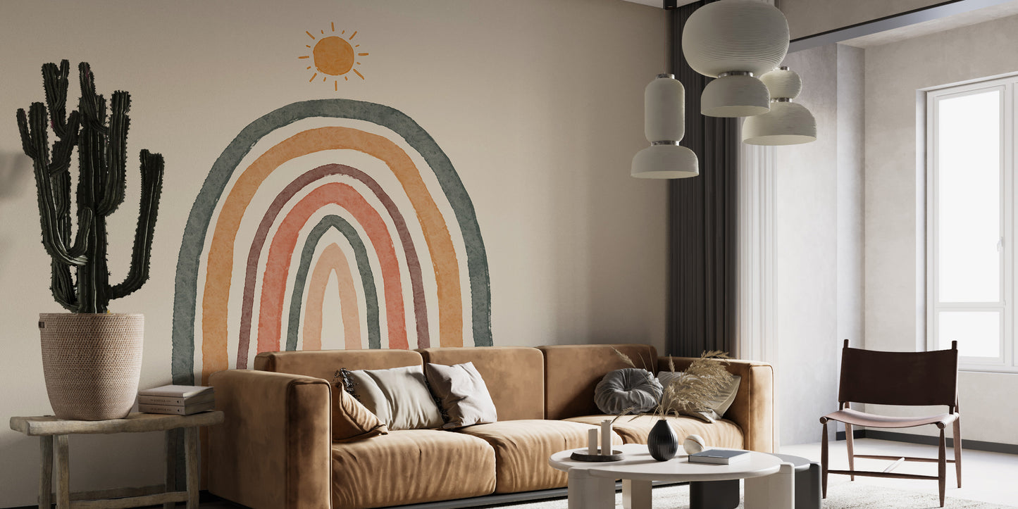 Delicate rainbow mural with boho vibes for kids' spaces.
