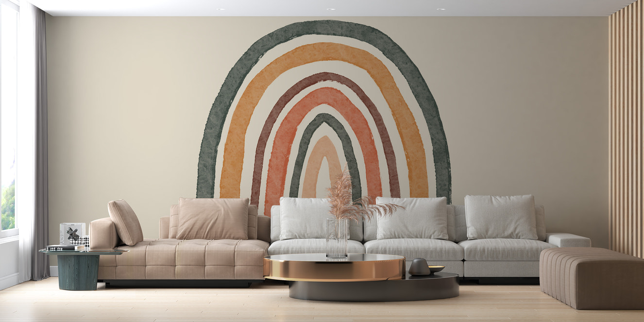 Boho rainbow mural for a delightful and cozy nursery decor.
