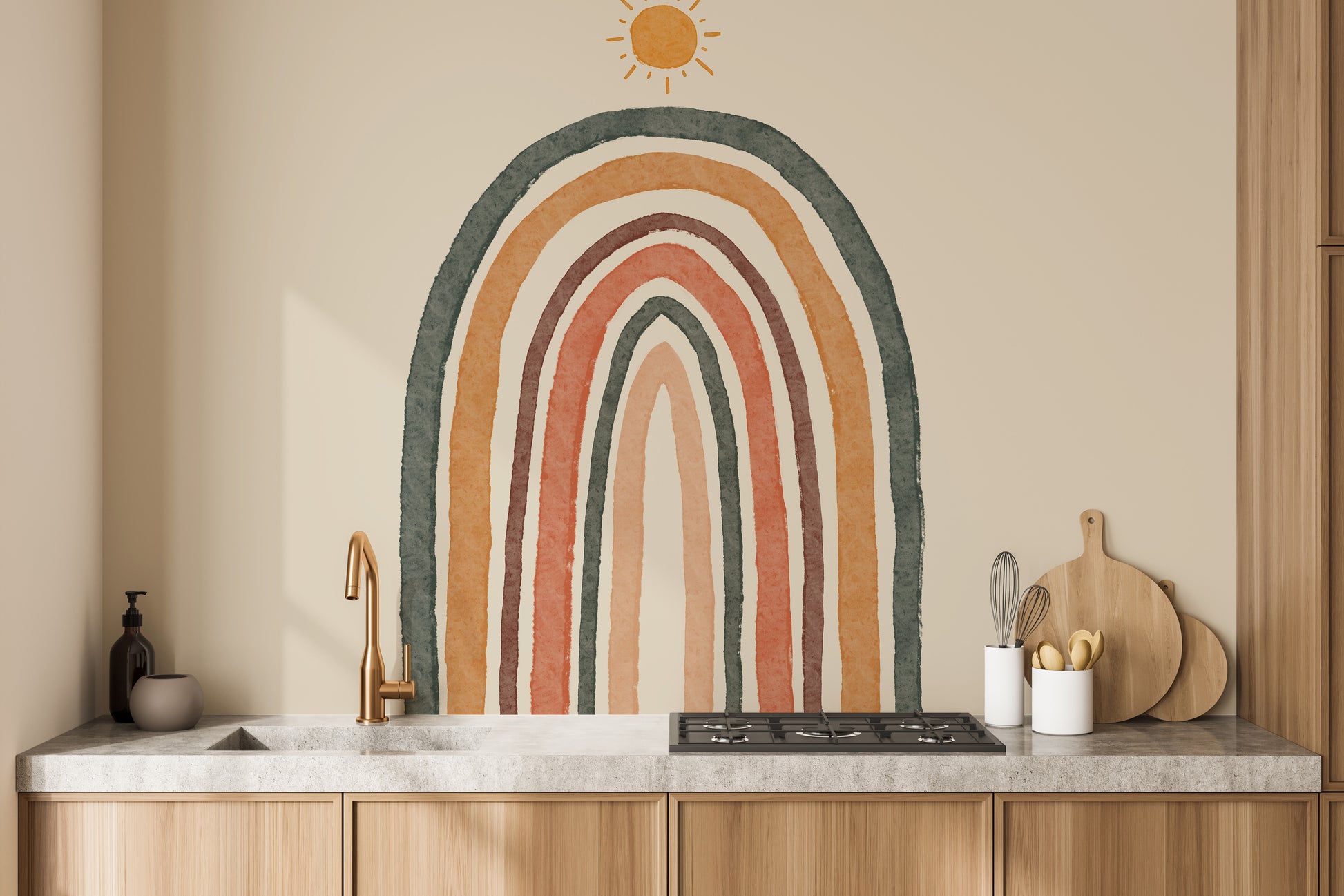 Pastel rainbow mural with boho accents for nursery charm.
