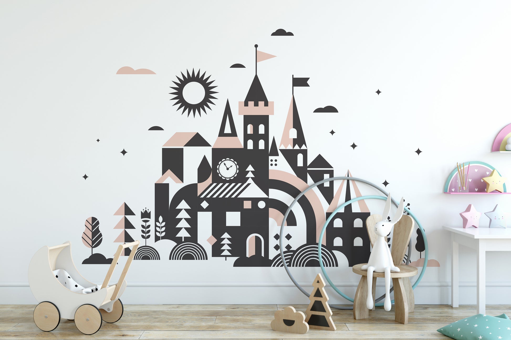 Magical fairy tale kingdom mural for enchanting kids' spaces.
