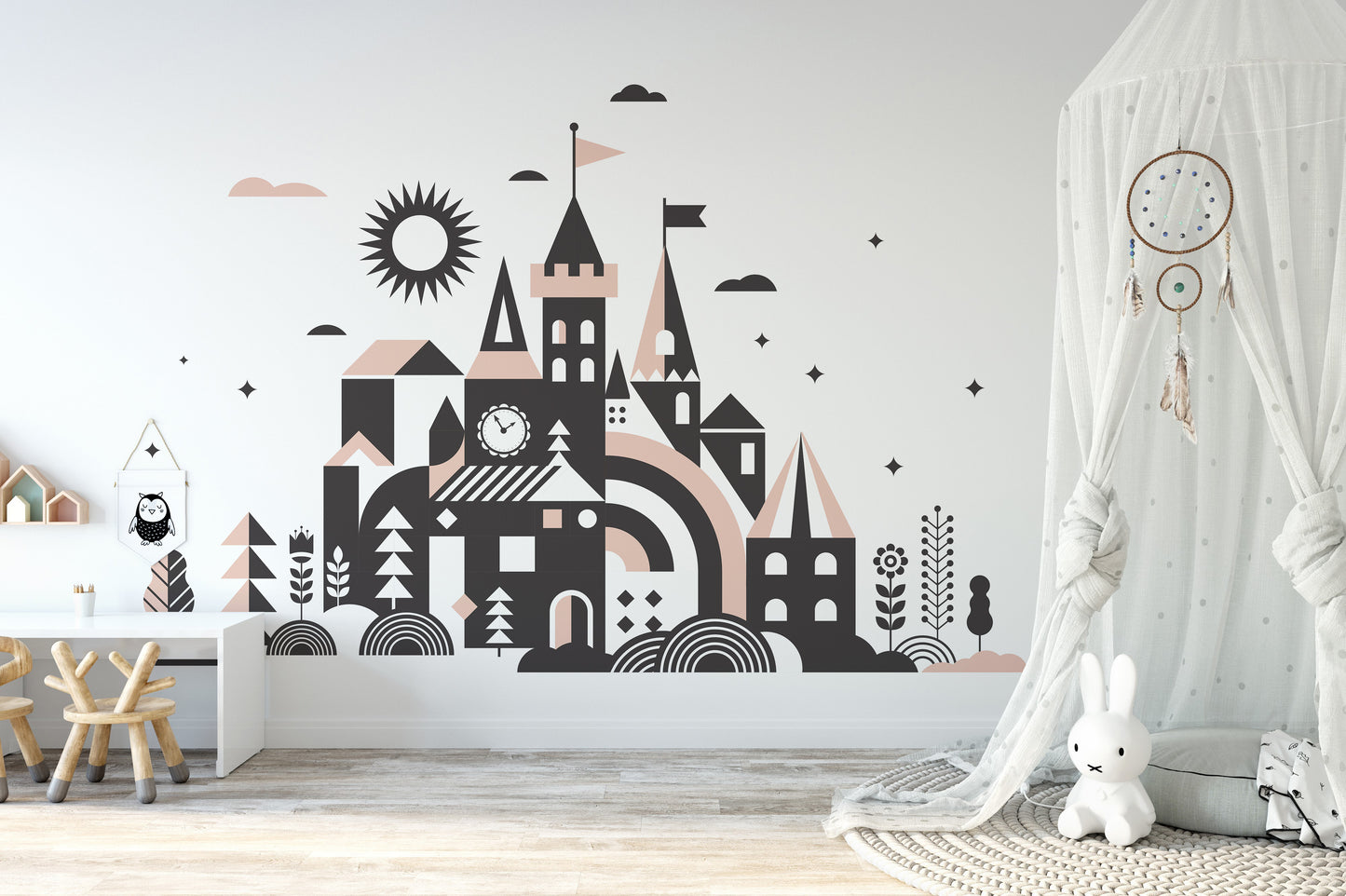 Fantasy fairy tale mural with a picturesque kingdom setting.
