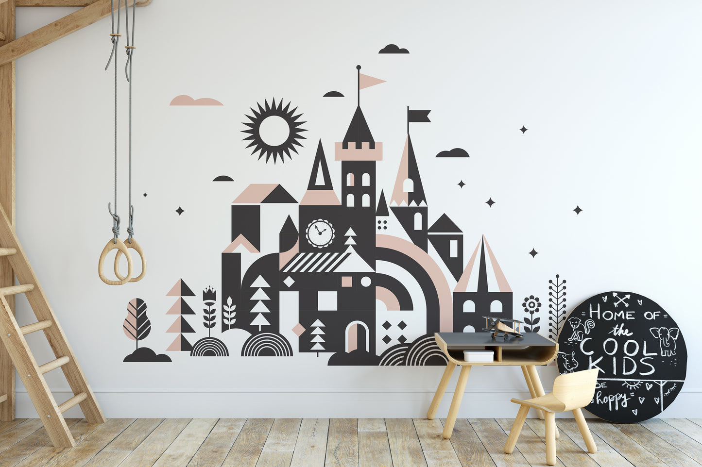 Once Upon a Time mural featuring a magical castle and kingdom.
