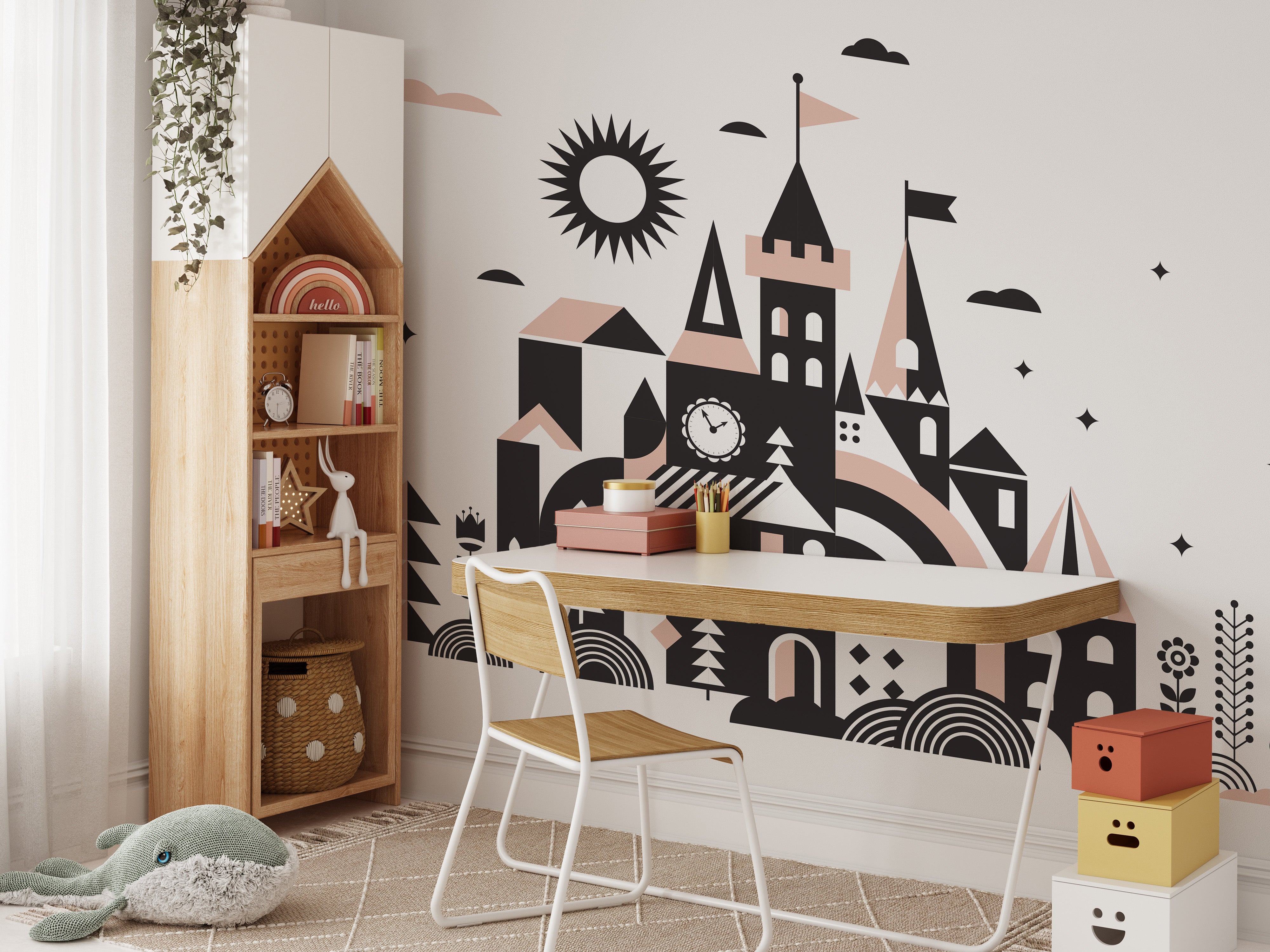 Storybook-inspired mural with a charming fairy tale kingdom.
