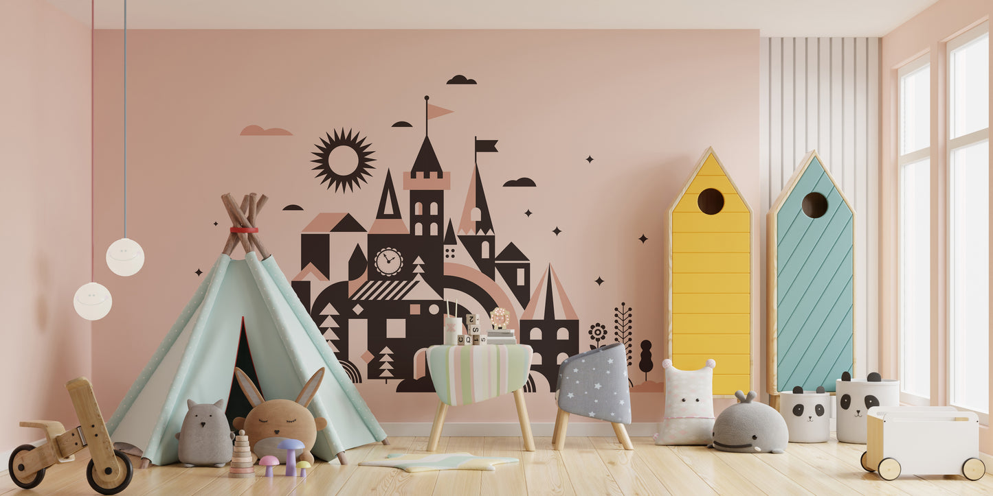 Whimsical fairy tale kingdom mural for imaginative wall decor.
