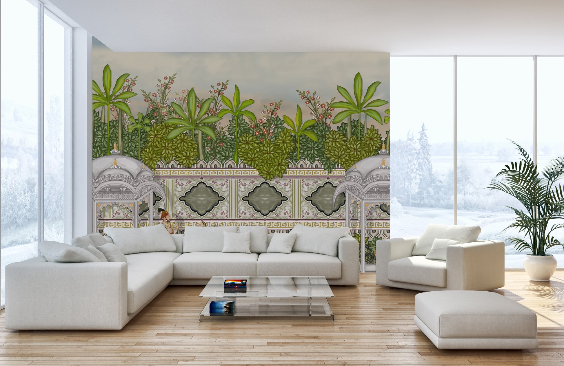 Artistic paradise mural with textured oil paint details.
