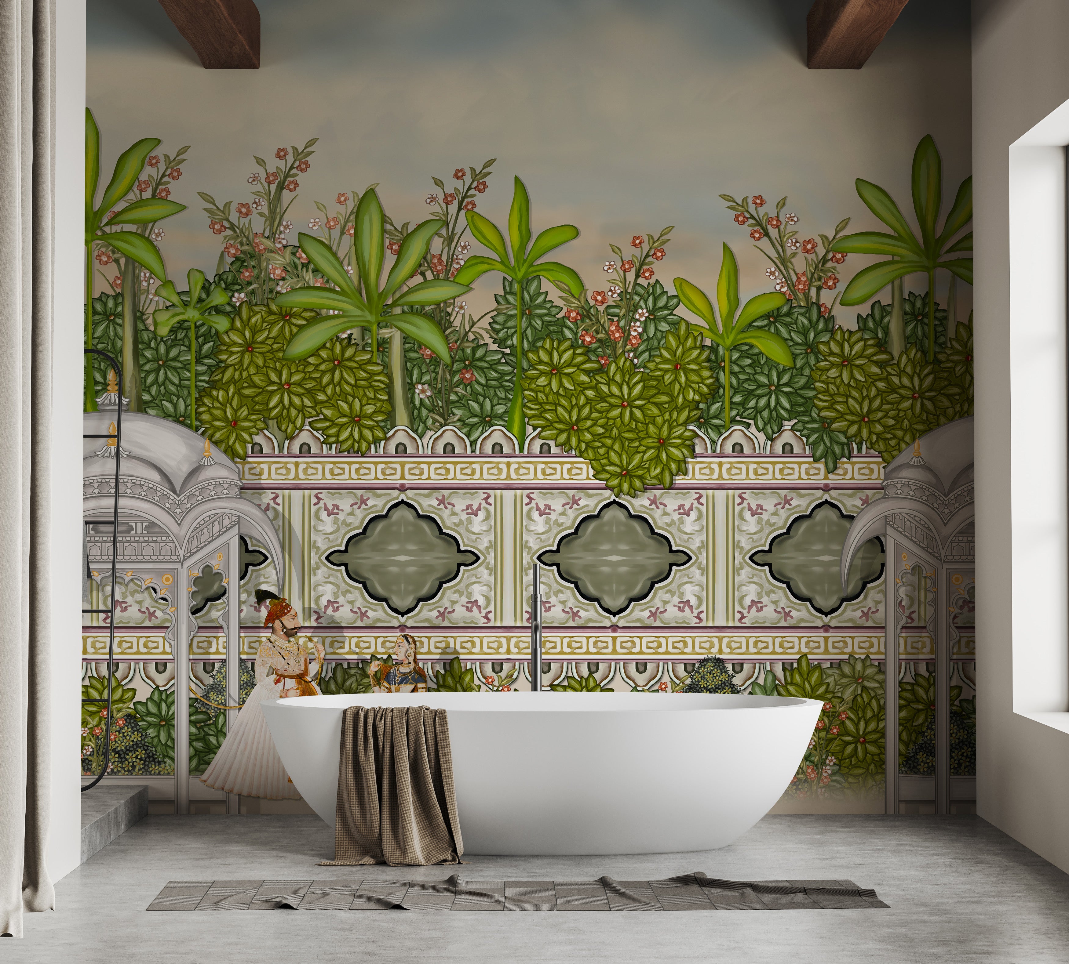 Oil-painted paradise mural for stylish and creative spaces.
