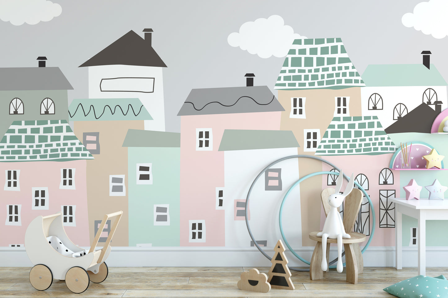 Quiet and tranquil neighborhood mural for serene interiors.
