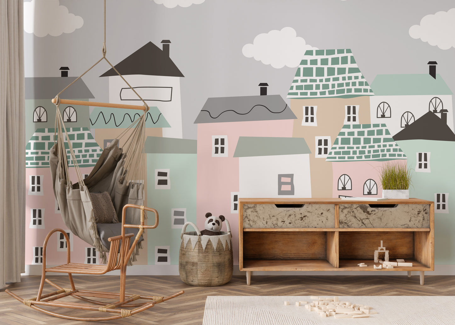 Serene neighborhood scene mural for modern wall designs.
