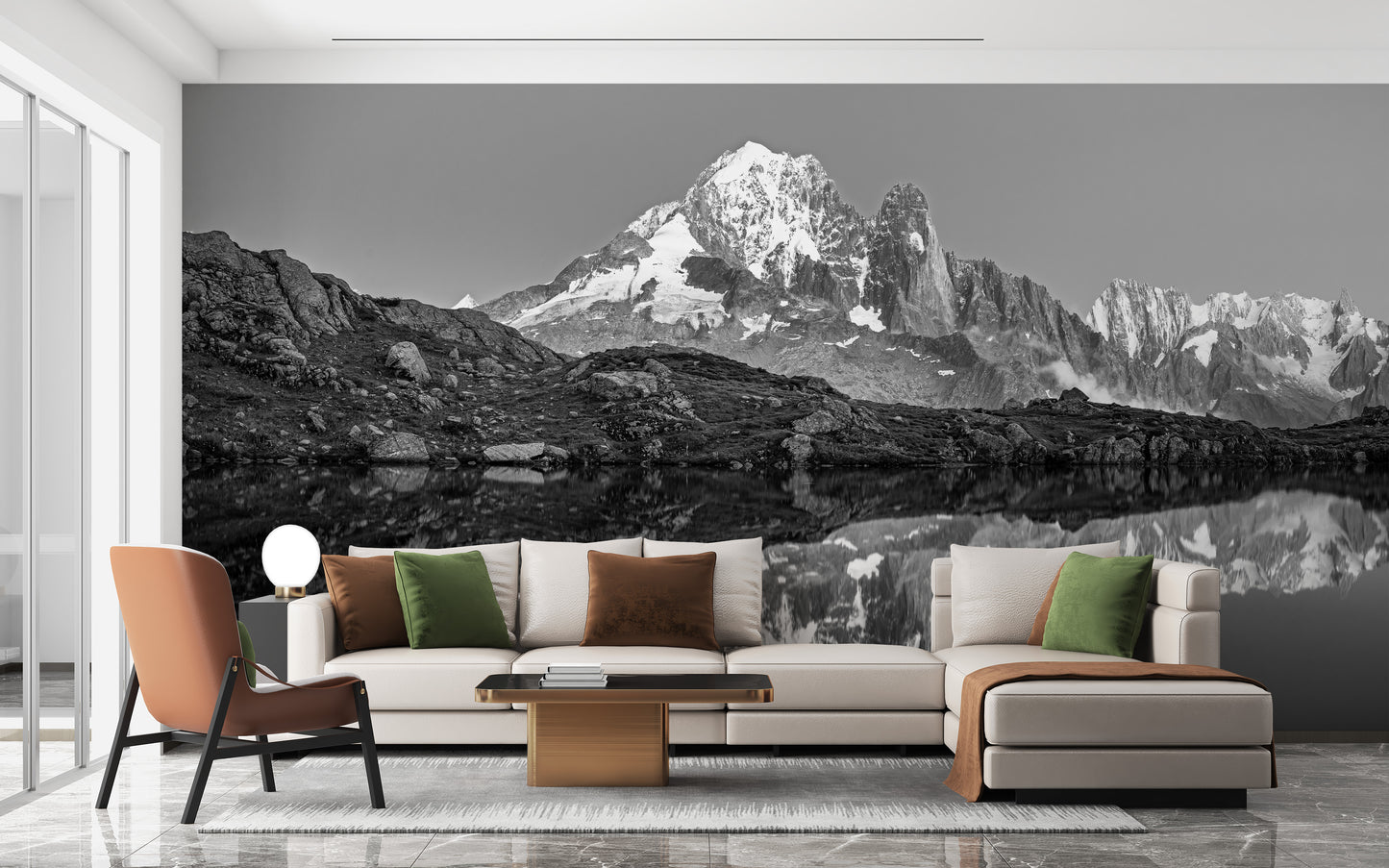 Serene misty mountain mural for tranquil and calming walls.
