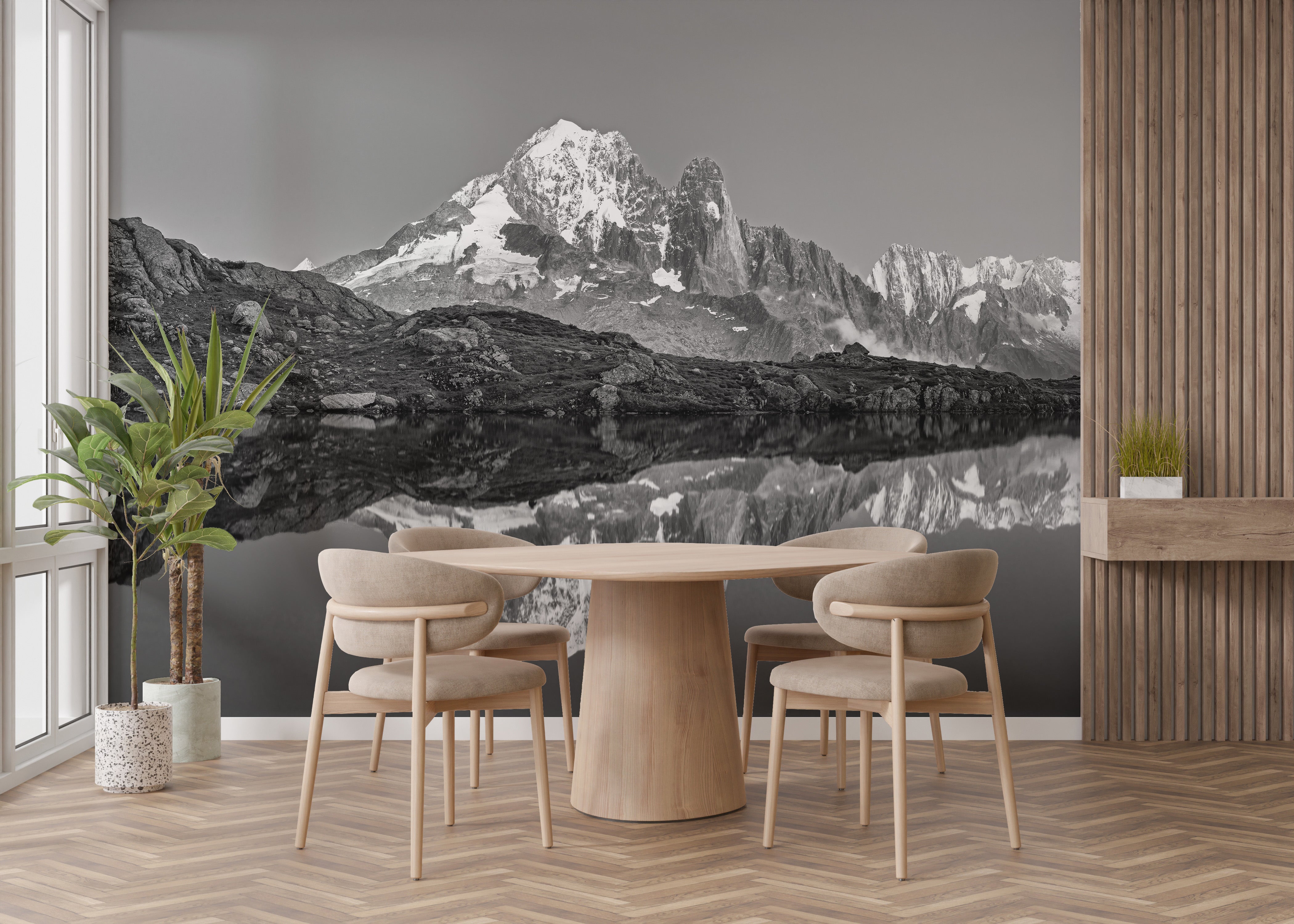 Peaceful misty mountain wall mural for soothing interiors.
