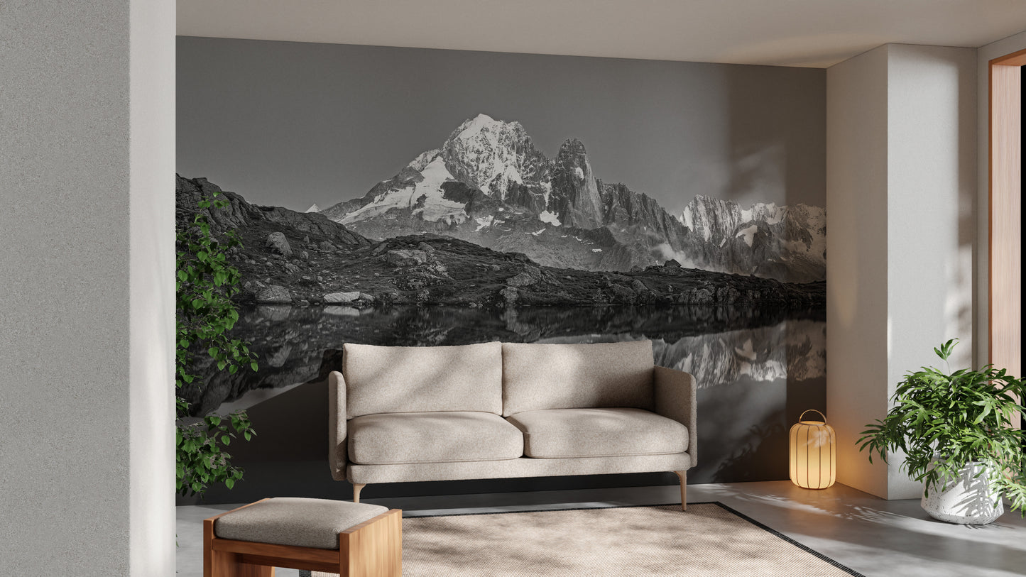 Misty mountain mural for calming and serene home spaces.
