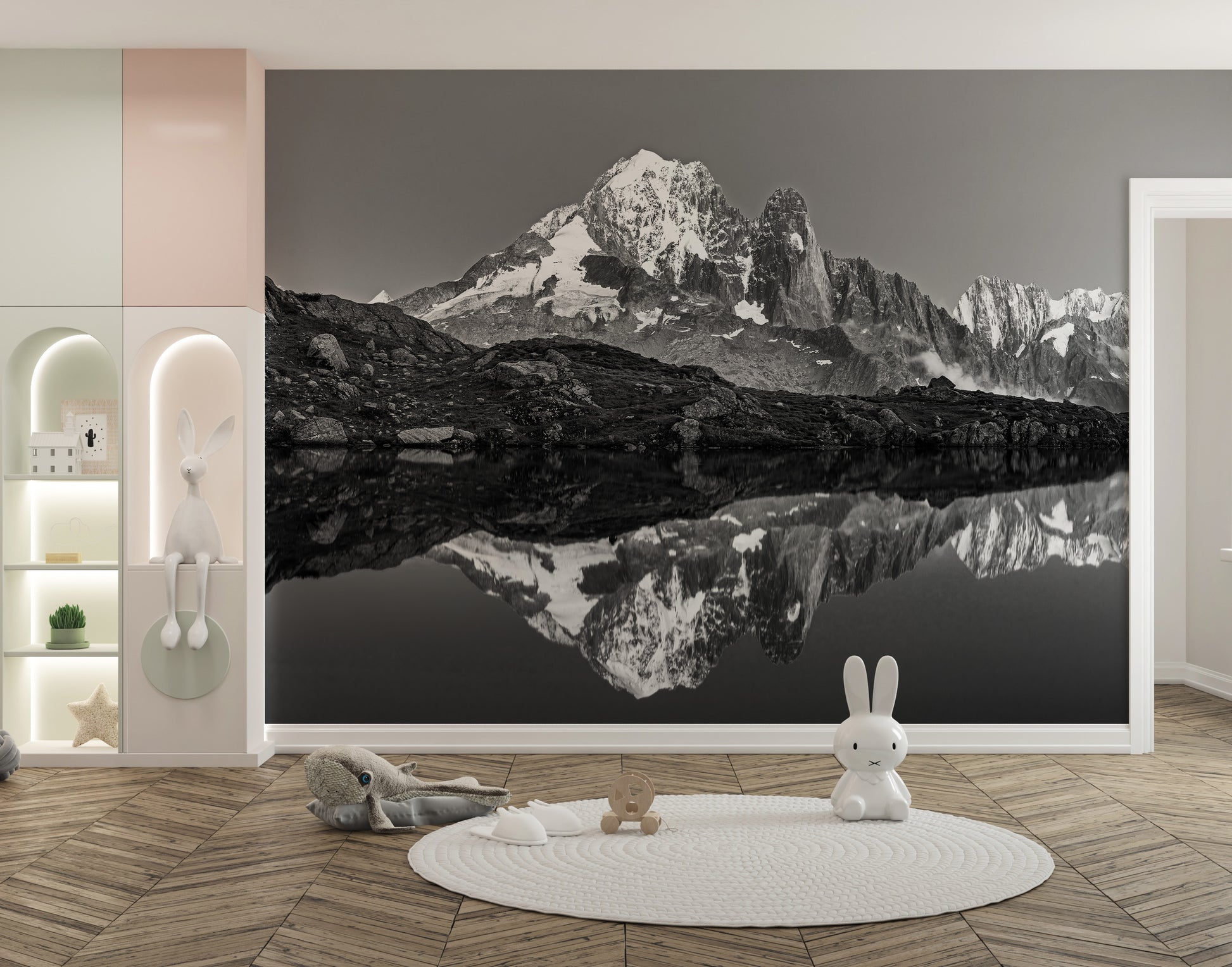 Tranquil wall mural featuring misty mountain landscapes.
