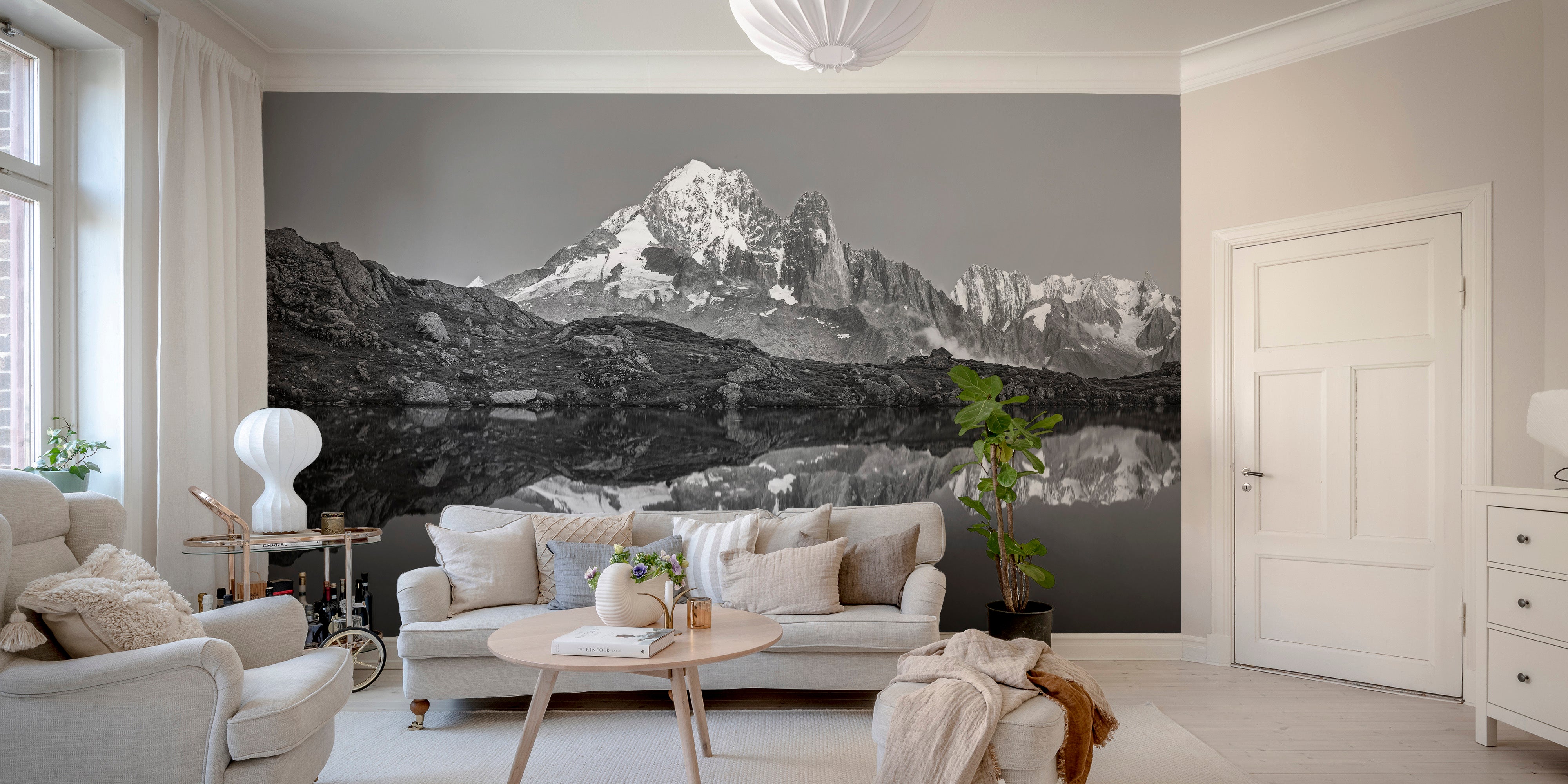 Artistic misty mountain mural for relaxing wall decor.
