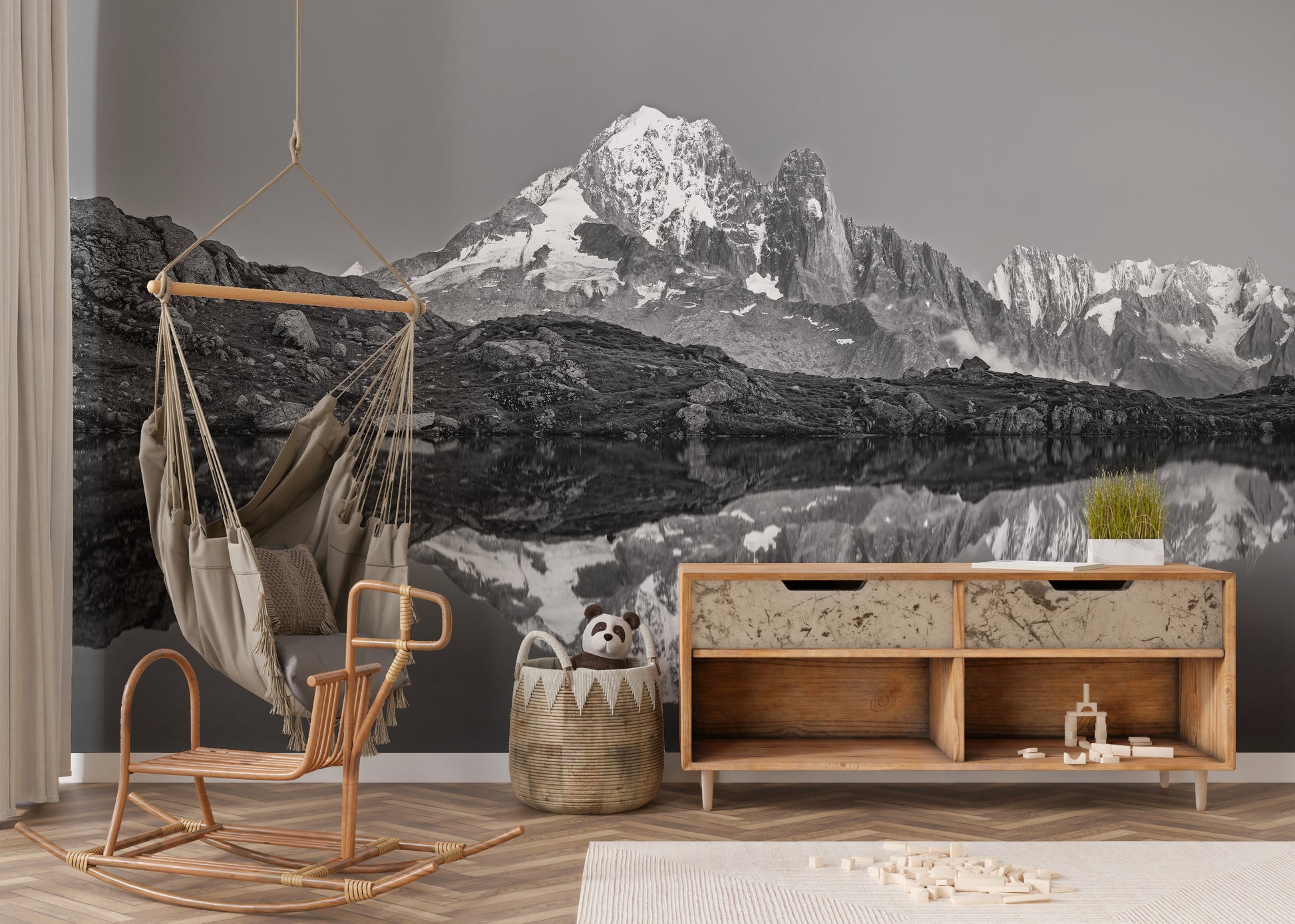 Misty mountain wall mural creating a serene ambiance.
