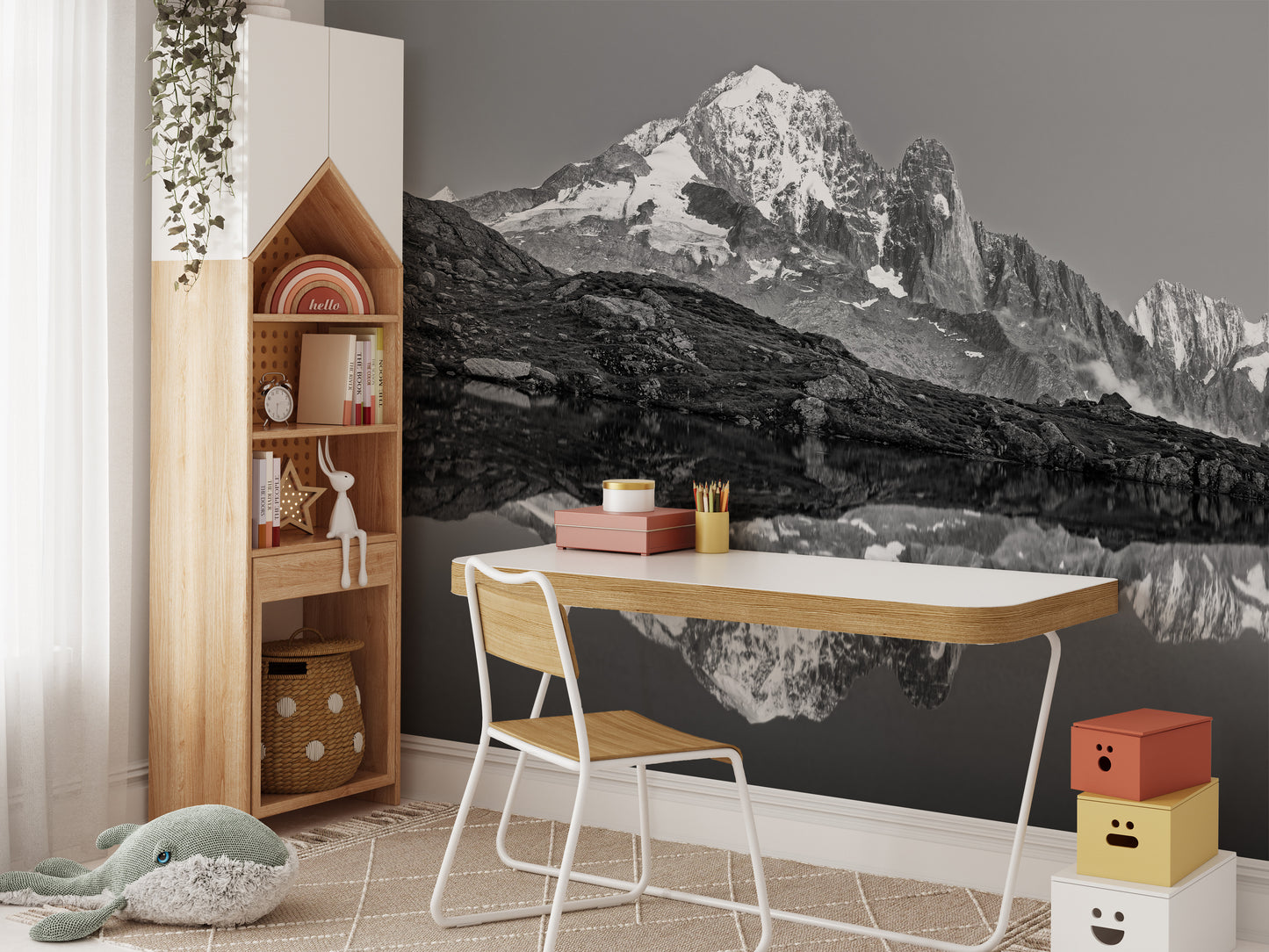 Tranquil mountain scene mural with misty atmospheric tones.
