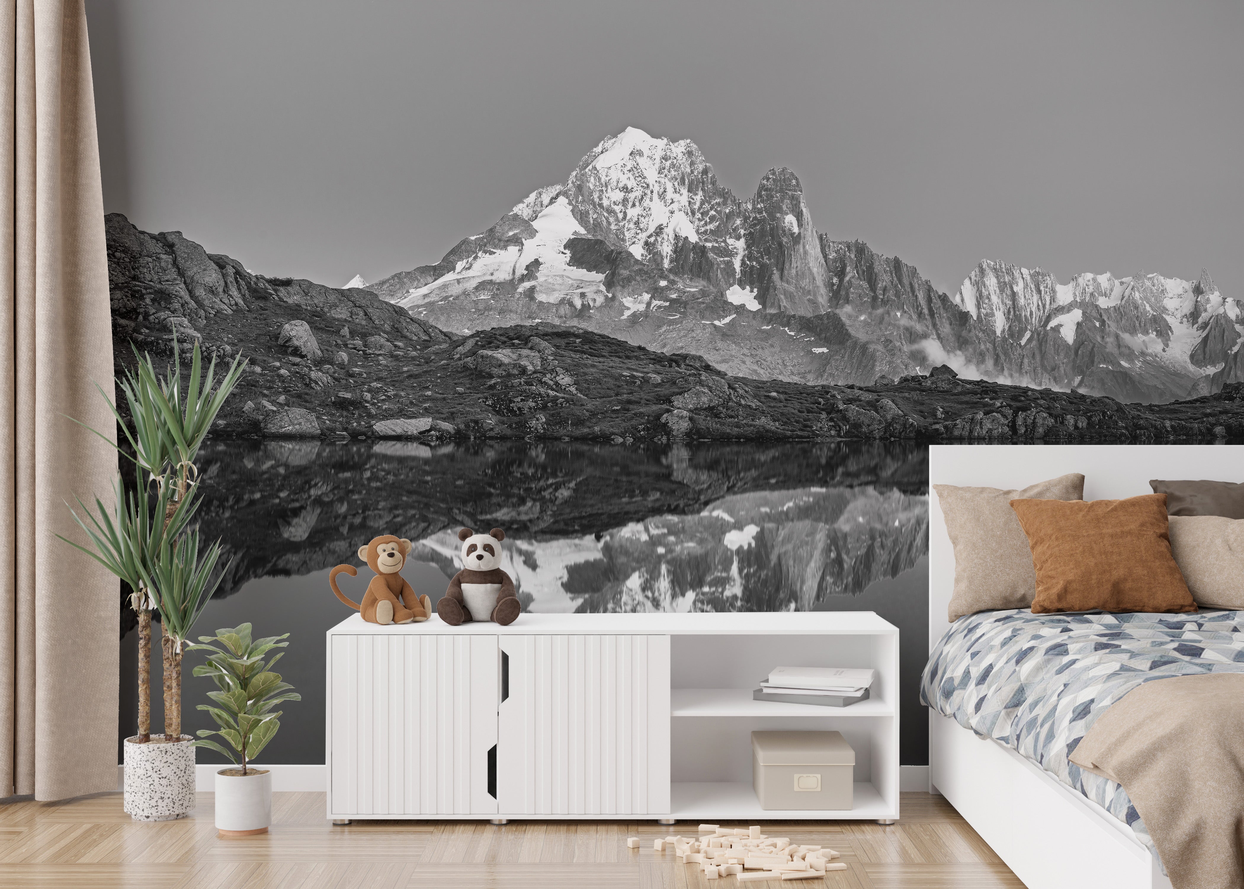 Misty mountain tranquility mural for peaceful interiors.
