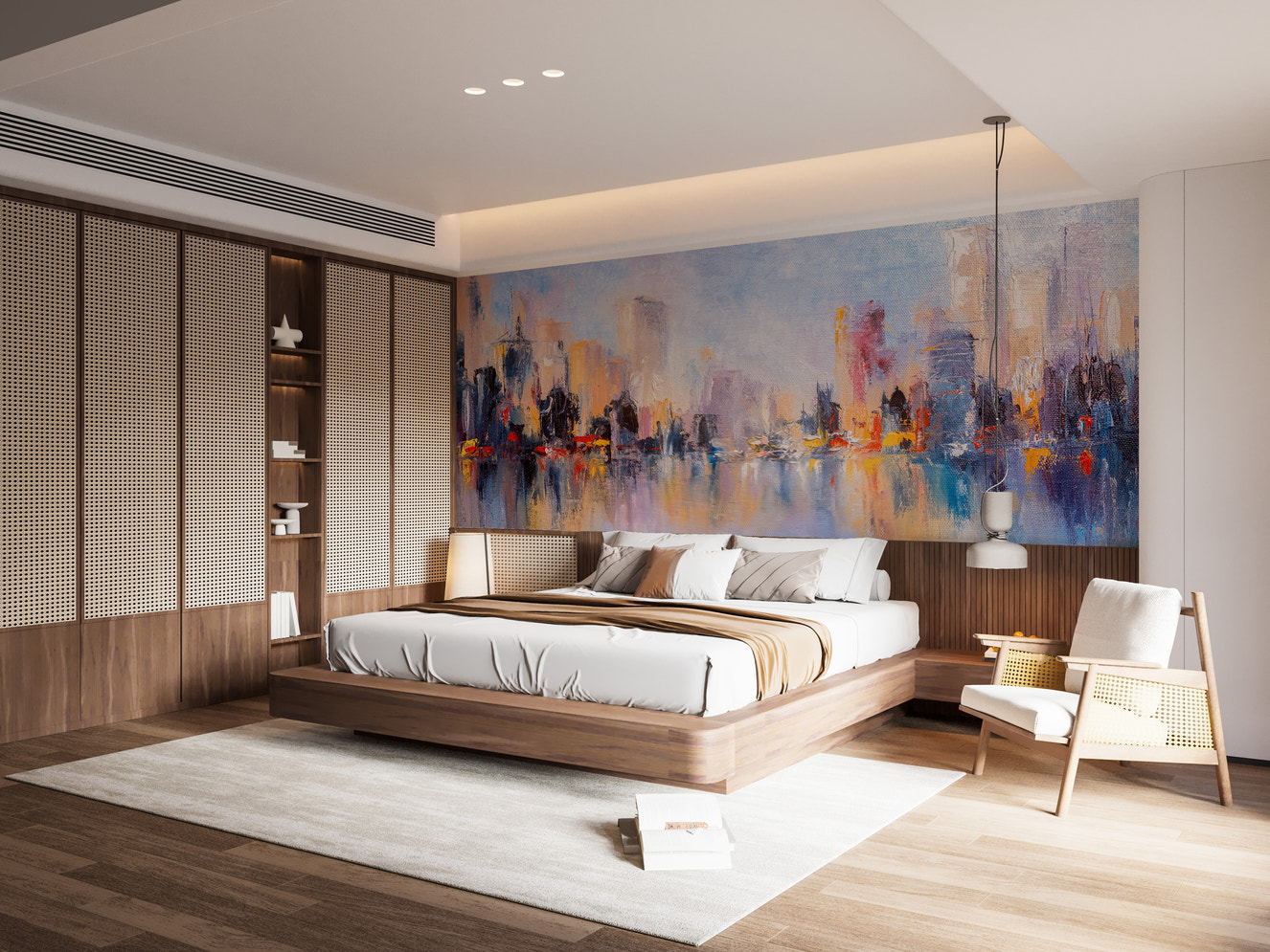 Stunning cityscape mural with metropolitan reflections design.
