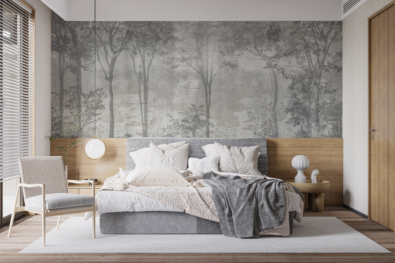 Enchanting mystical forest mural with lush green foliage.
