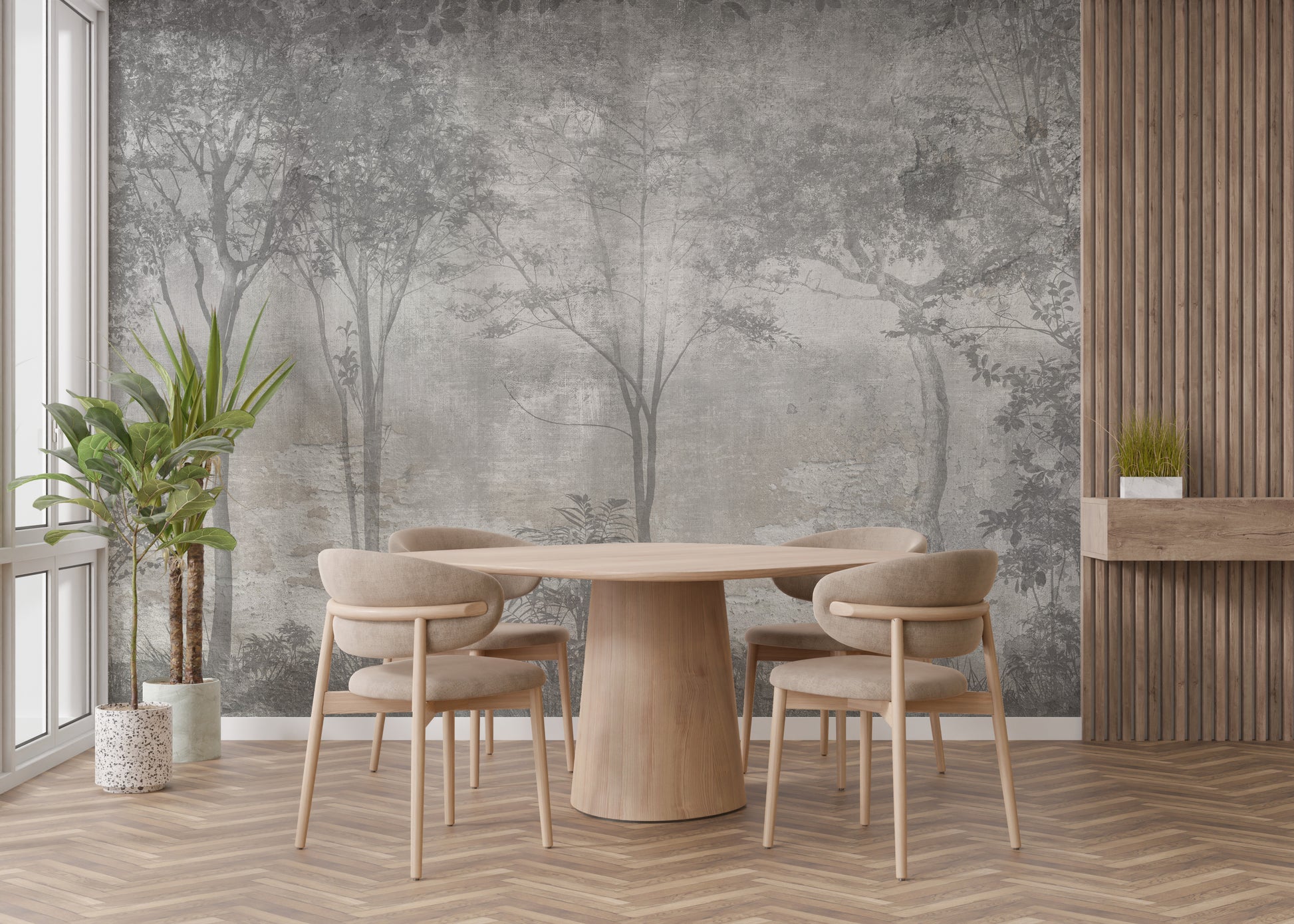 Mystical forest haven mural for peaceful interior designs.
