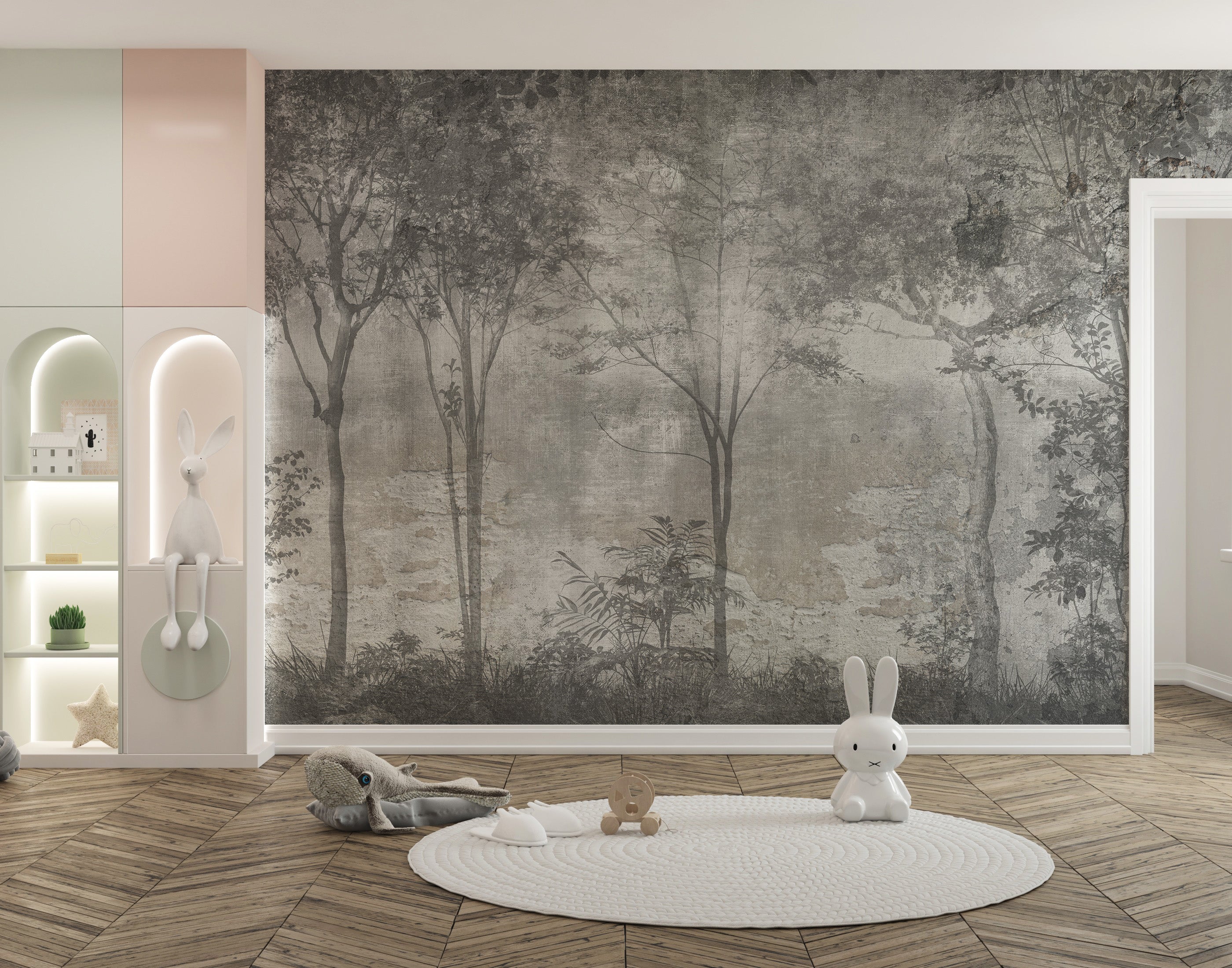 Mystical forest wall mural for tranquil living spaces.
