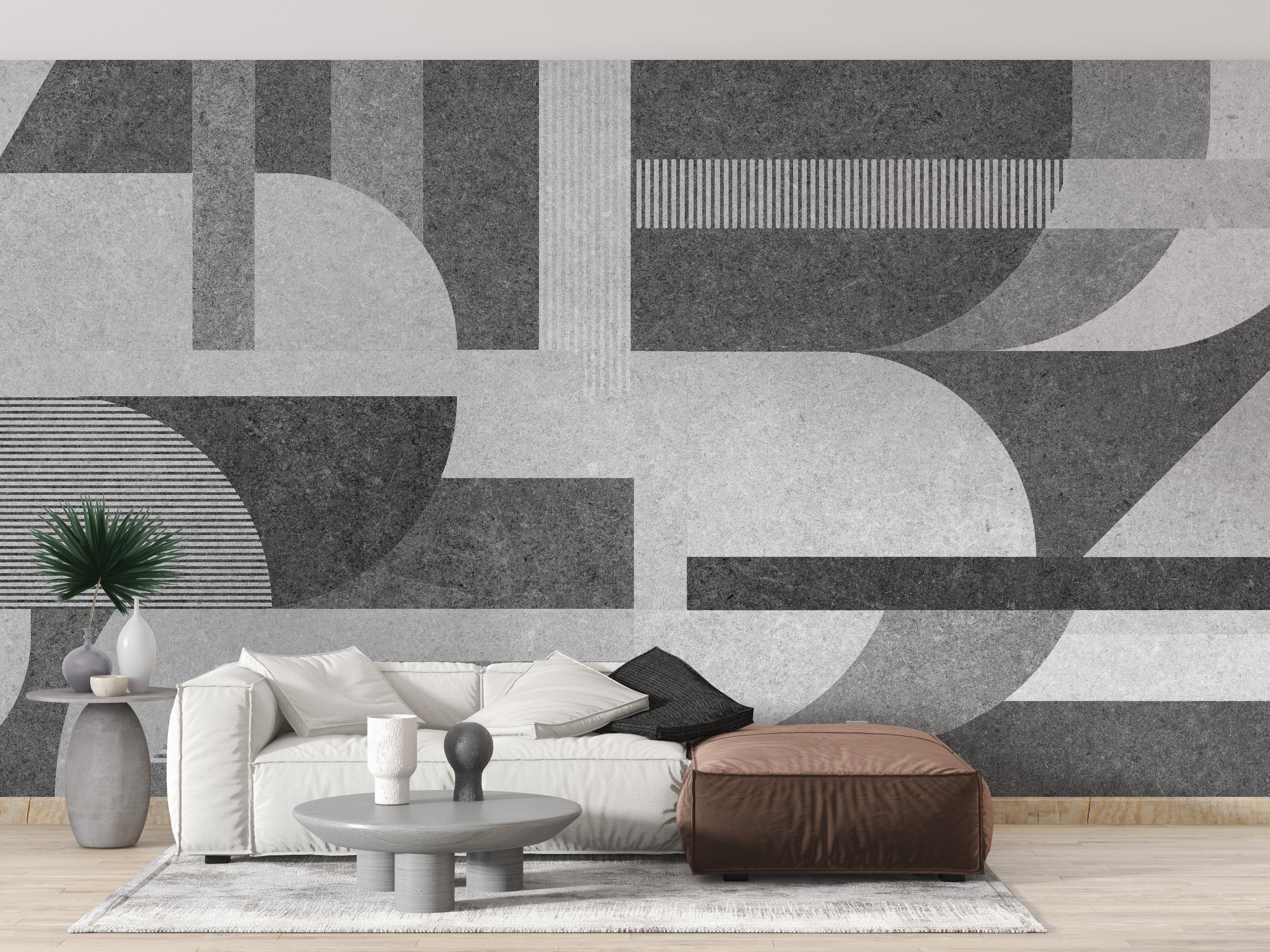 Sleek gray geometric tile mural with a grunge aesthetic.
