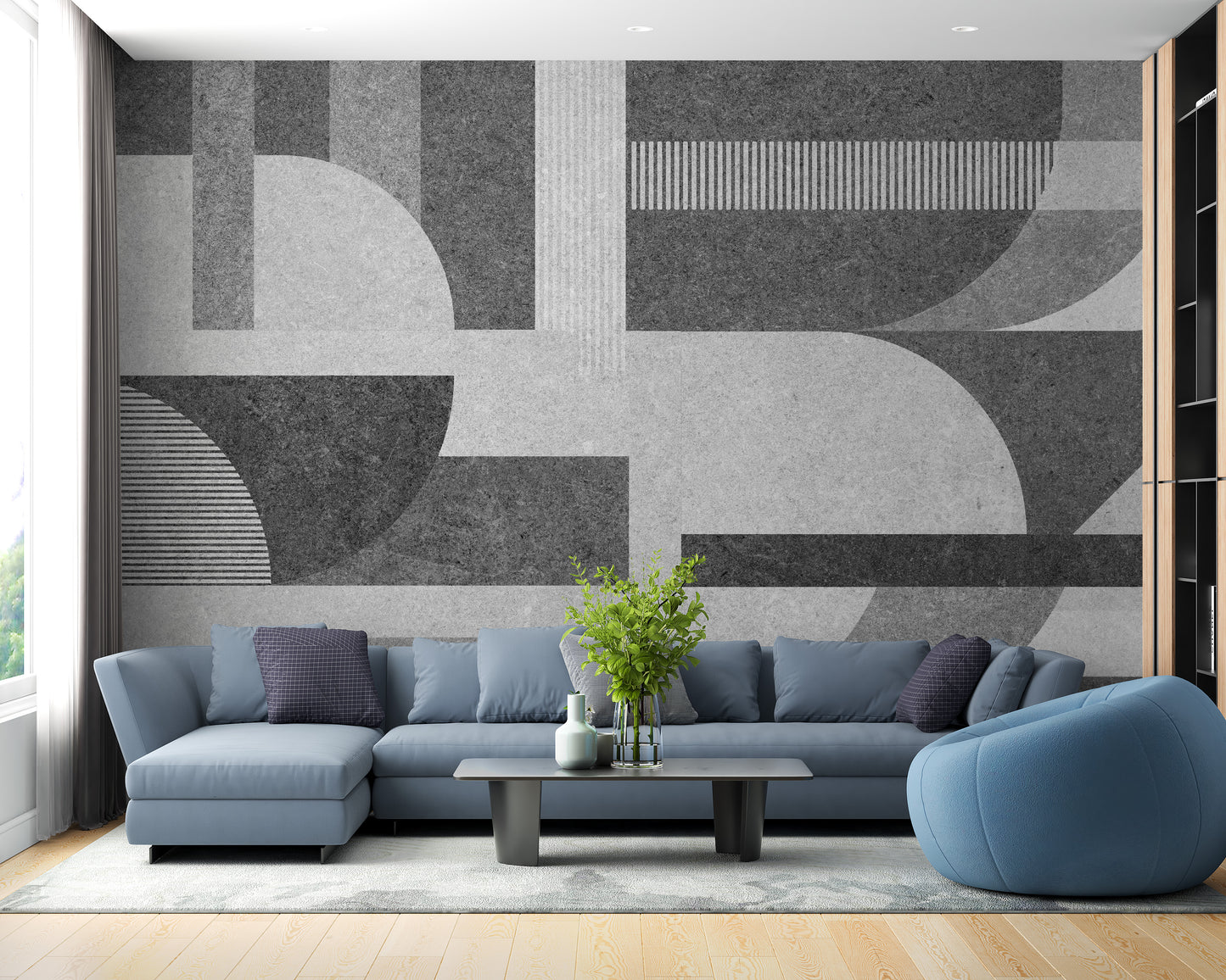 Geometric gray grunge tile mural for edgy wall decor.