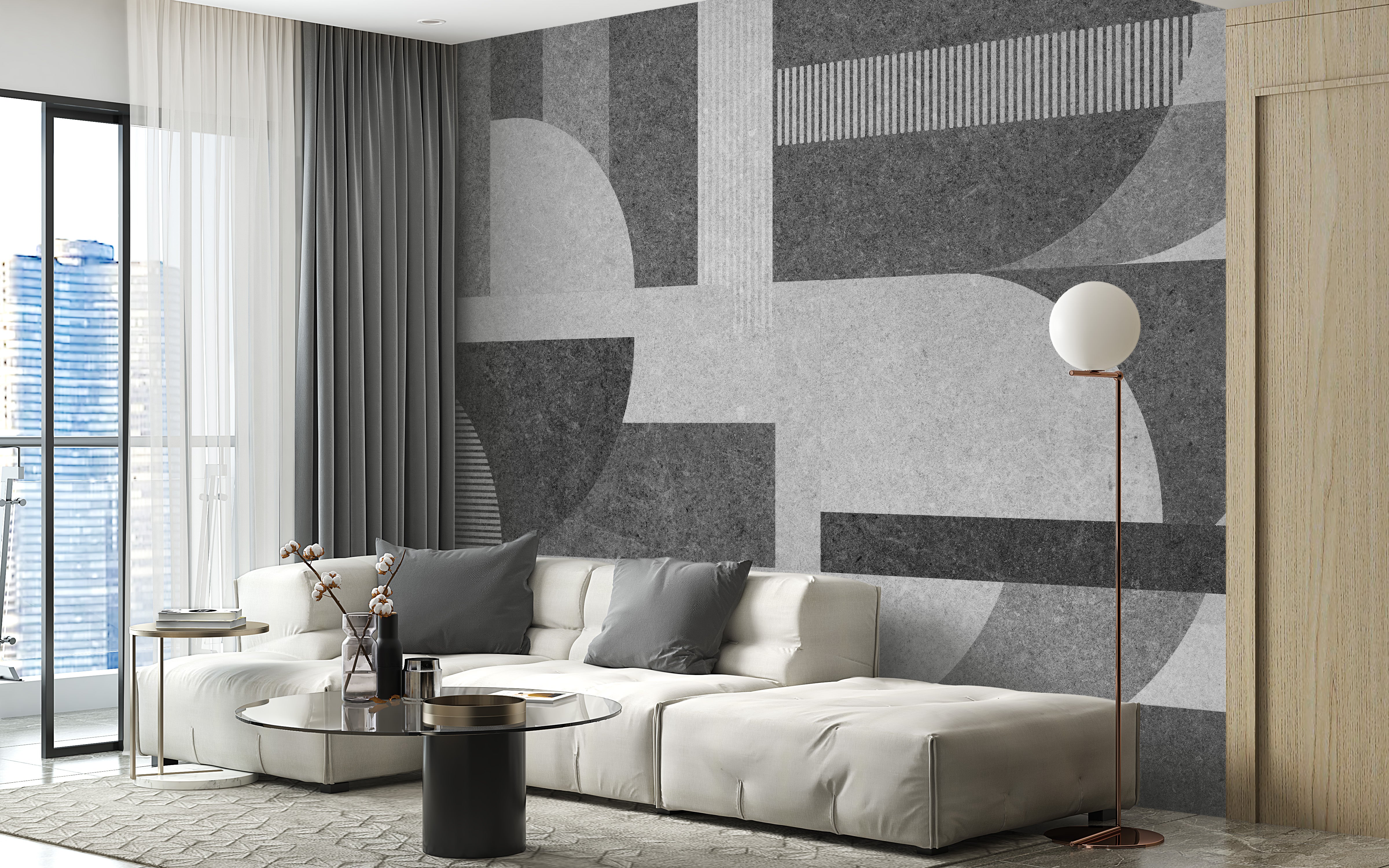 Geometric gray grunge tile mural for modern industrial decor.
