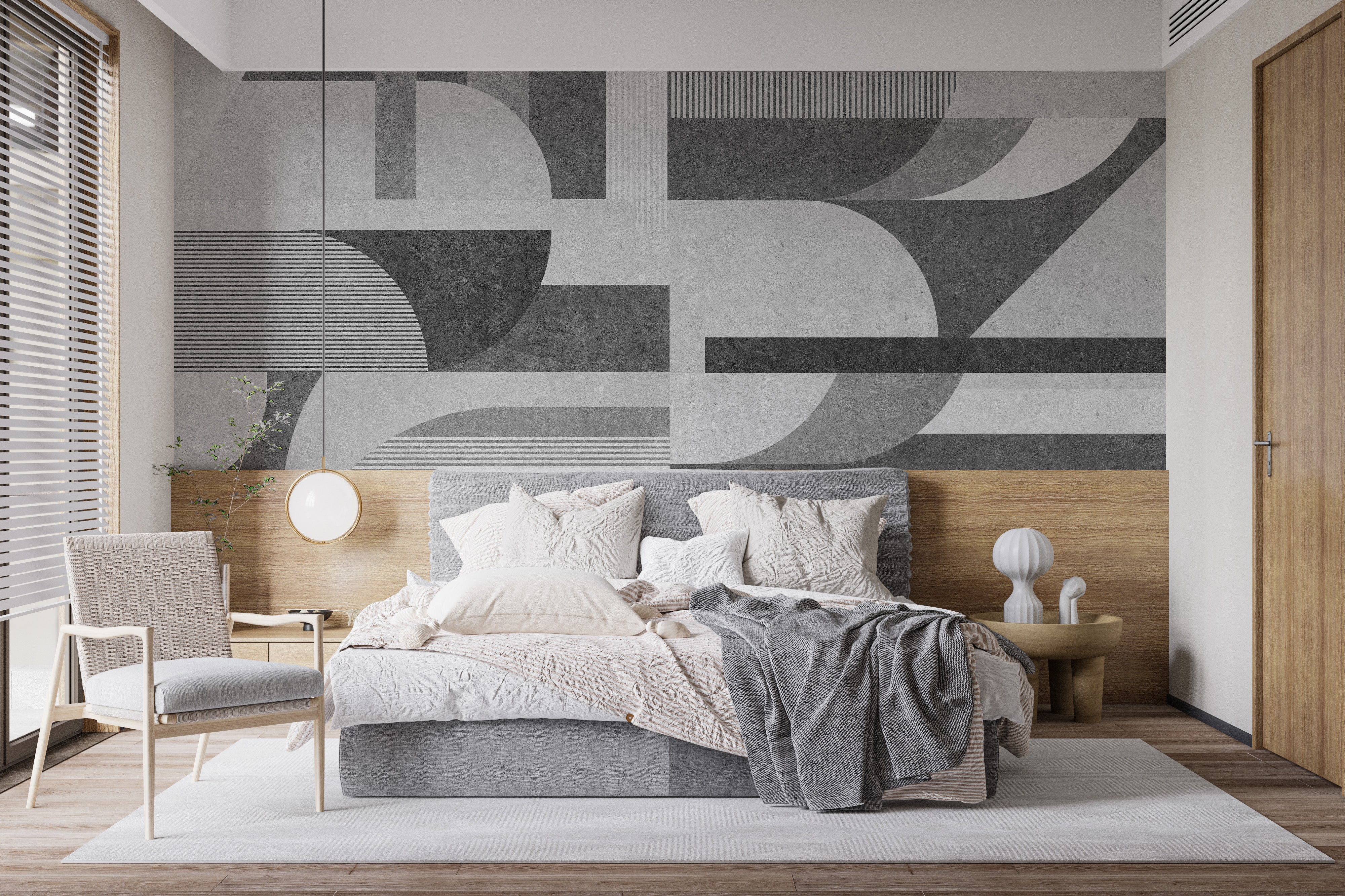 Gray geometric tile mural adding a modern grunge touch.
