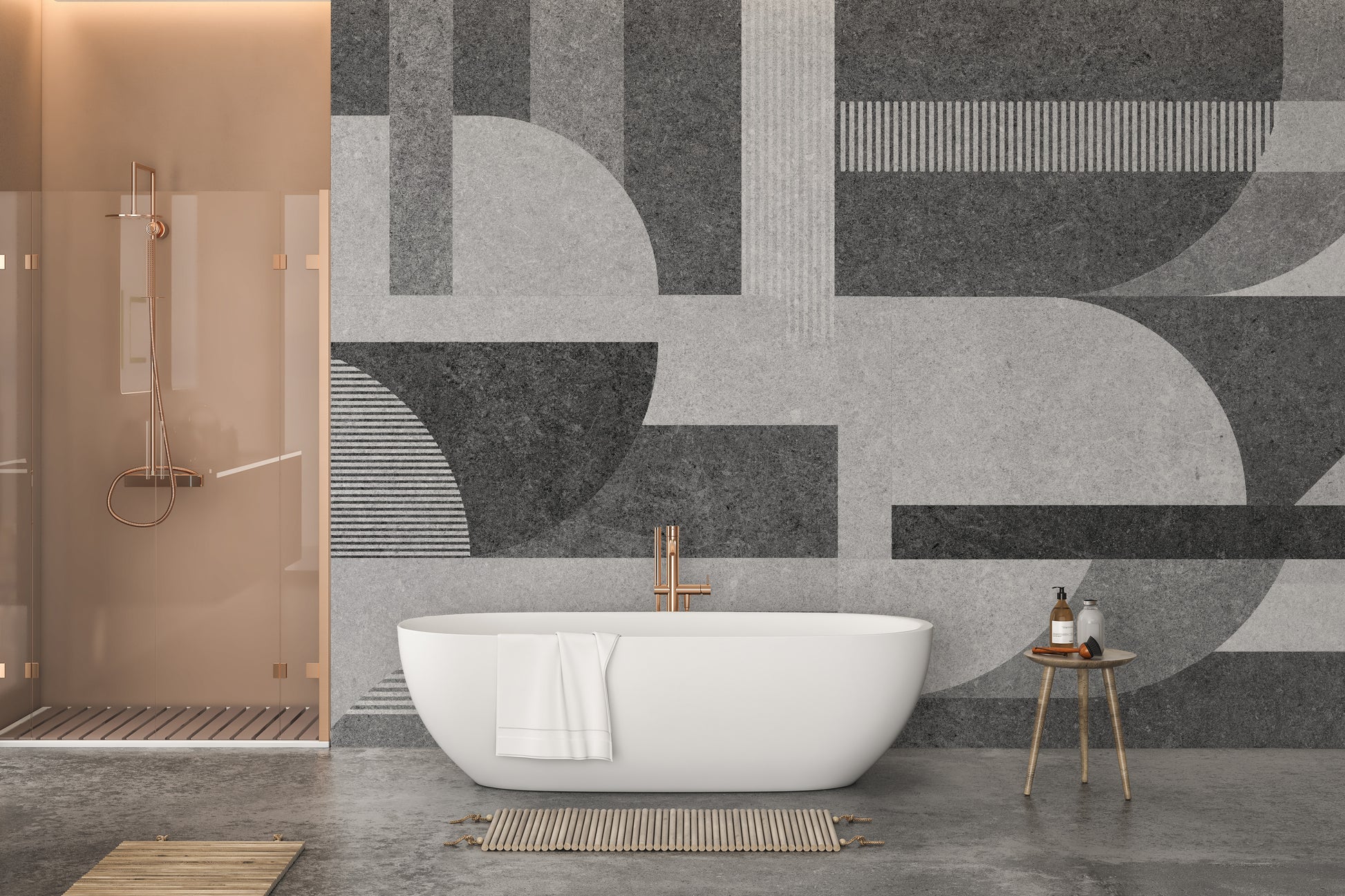 Grunge-inspired gray geometric tile design wall mural.
