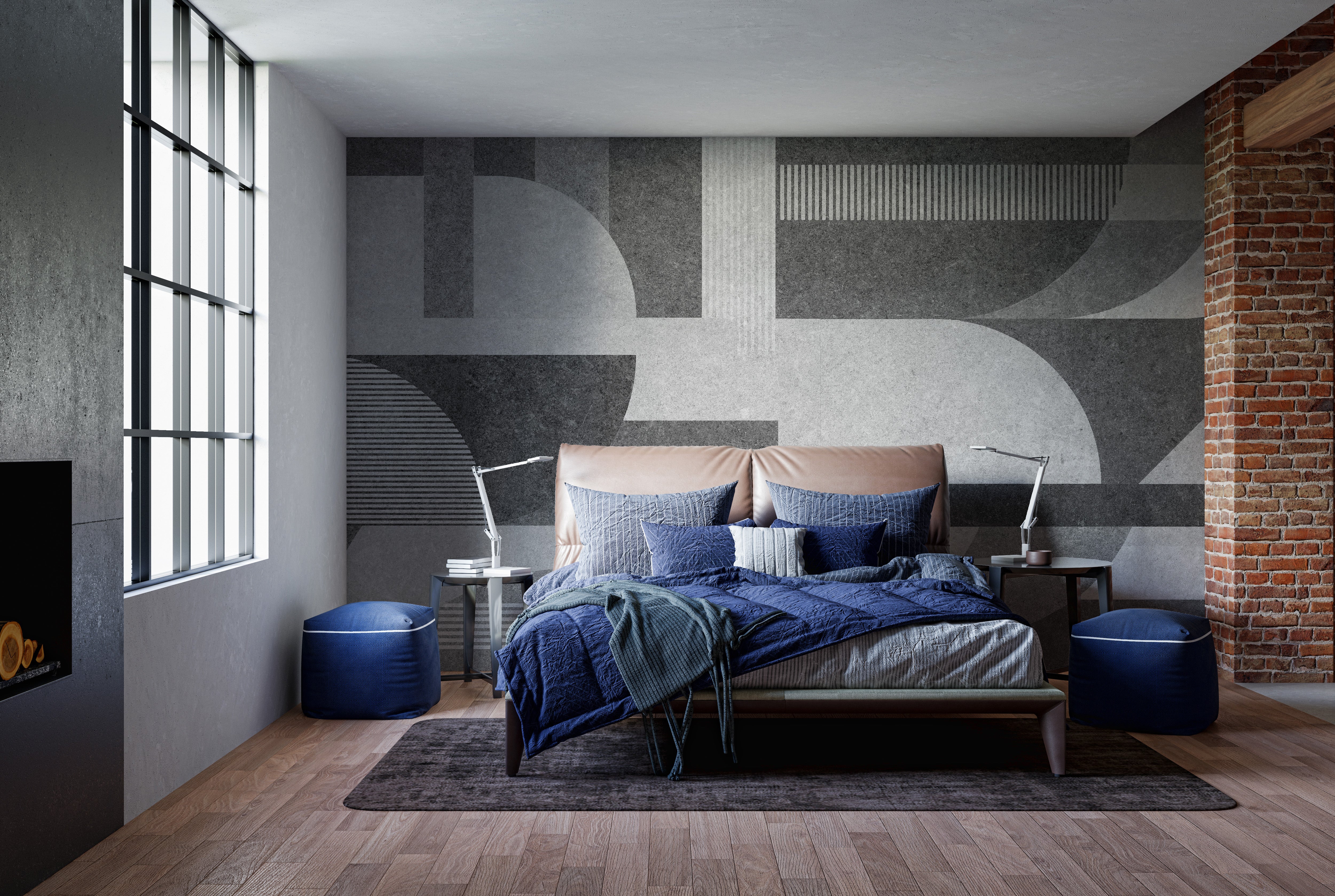 Gray grunge geometric tile mural for contemporary interiors.
