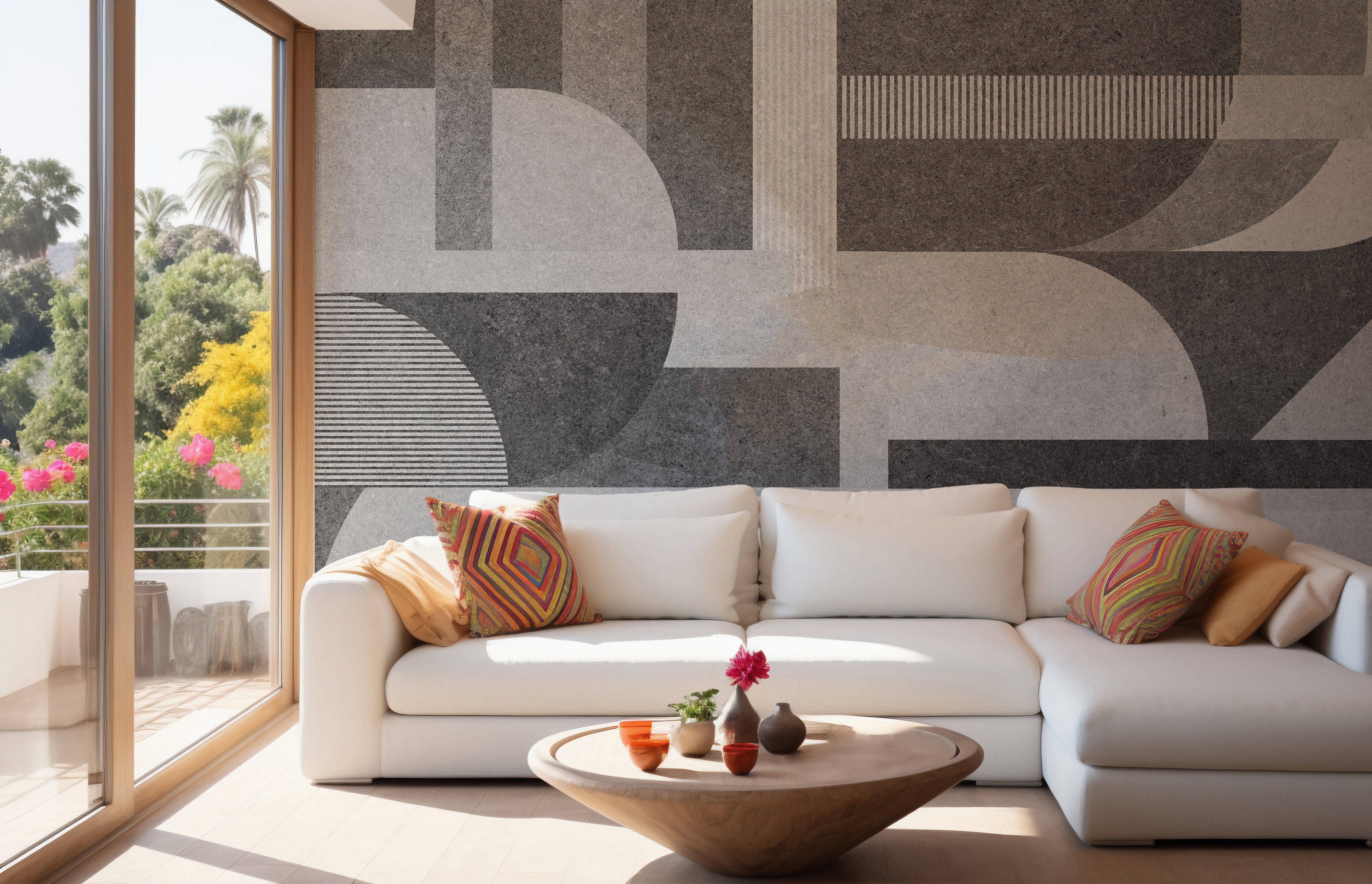 Geometric gray tile mural with a chic grunge design.
